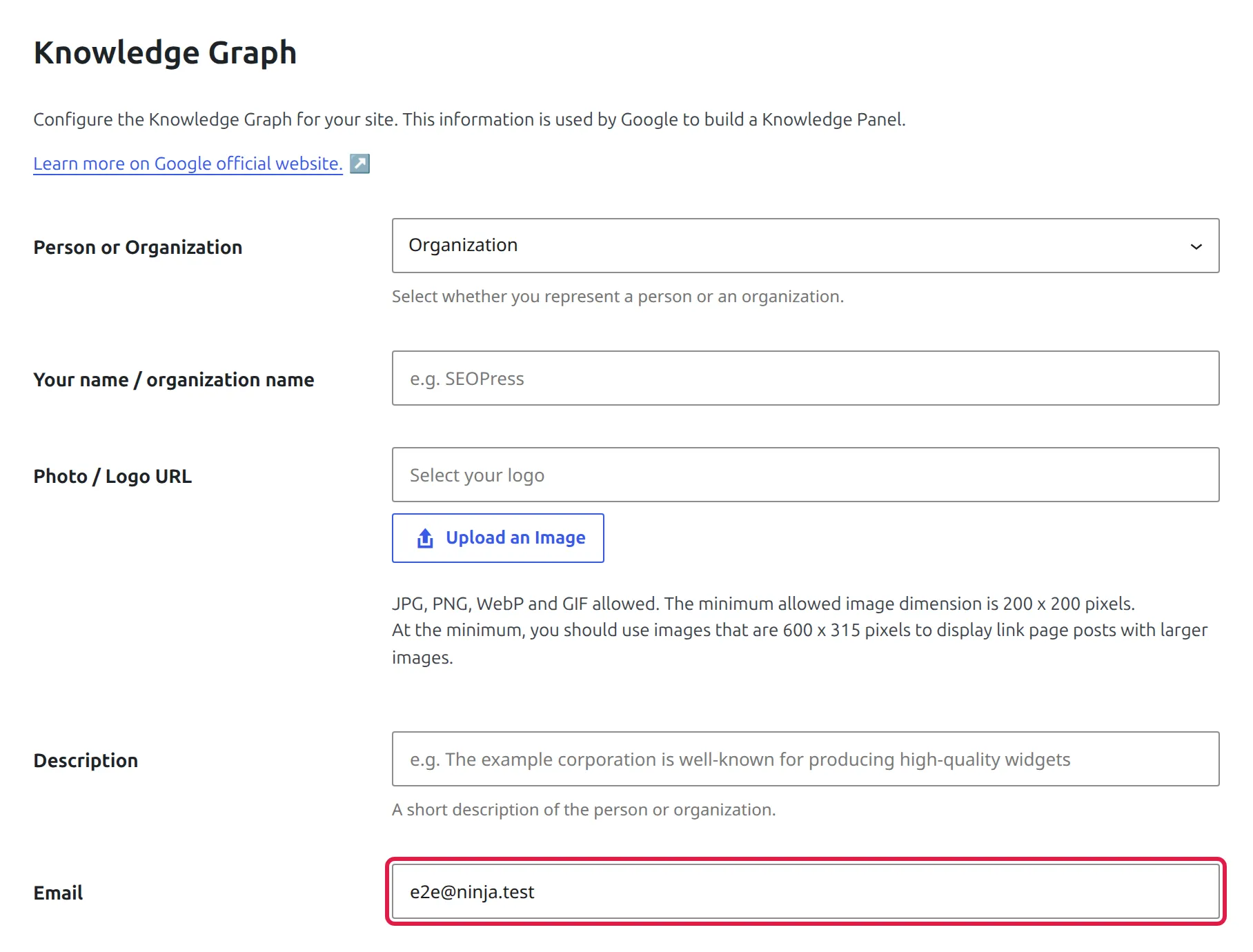 SEOPress Knowledge Graph settings with the admin email pre-filled in the Email field