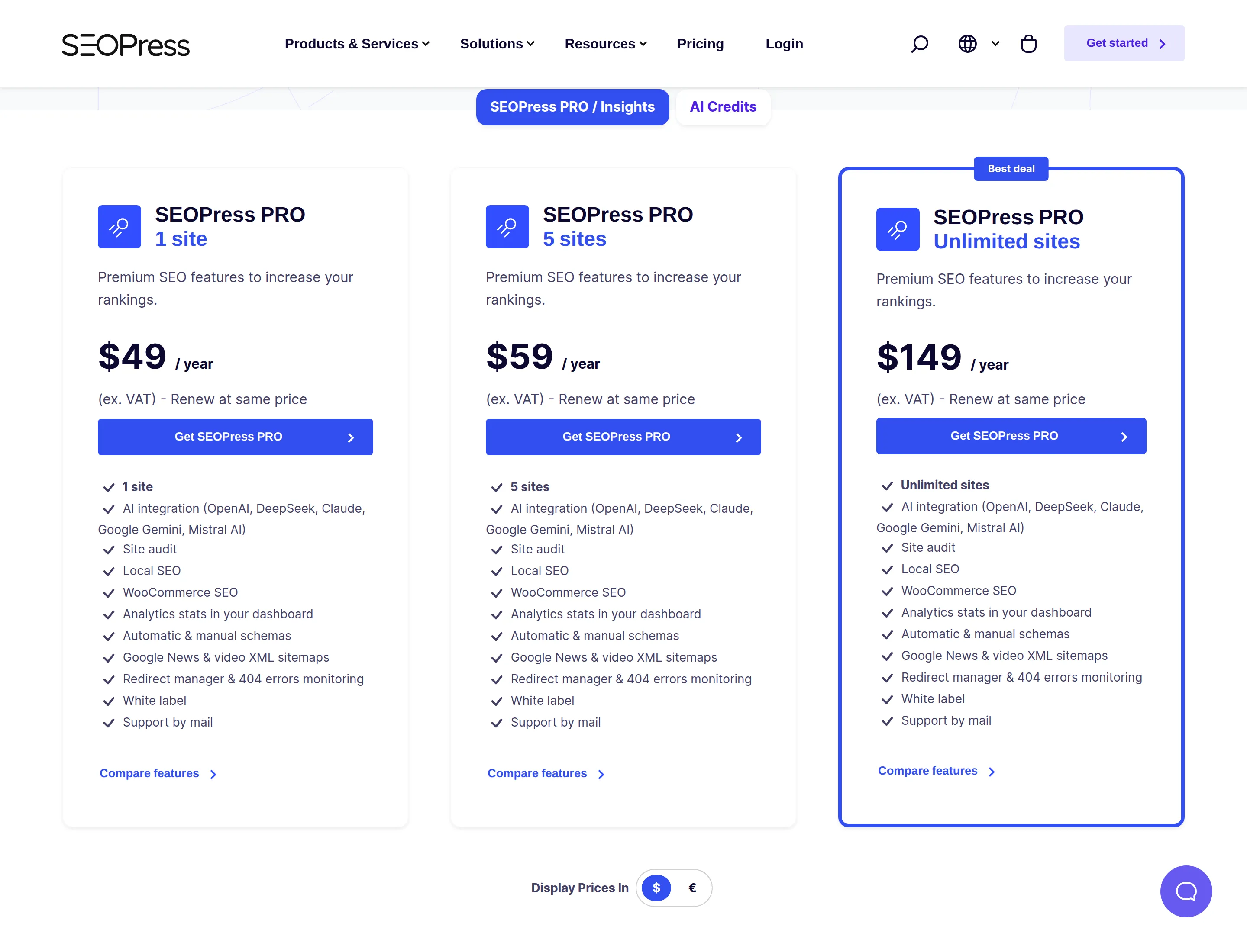 SEOPress PRO pricing page showing 49 59 and 149 dollars per year with renew at same price, captured 2026-09-18