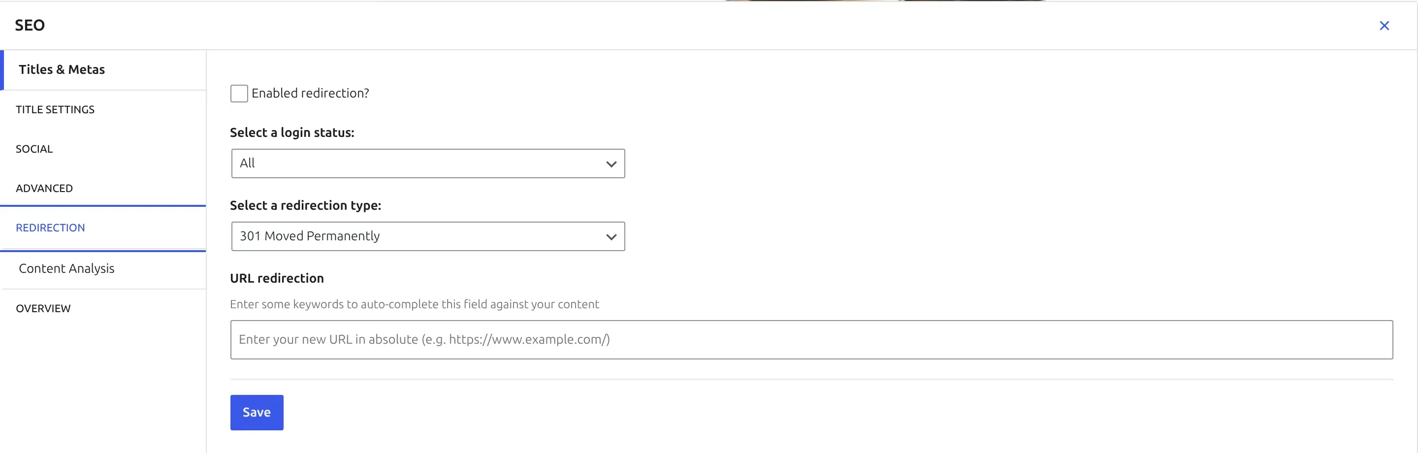 SEOPress per-post Redirection tab with the 301 Moved Permanently option