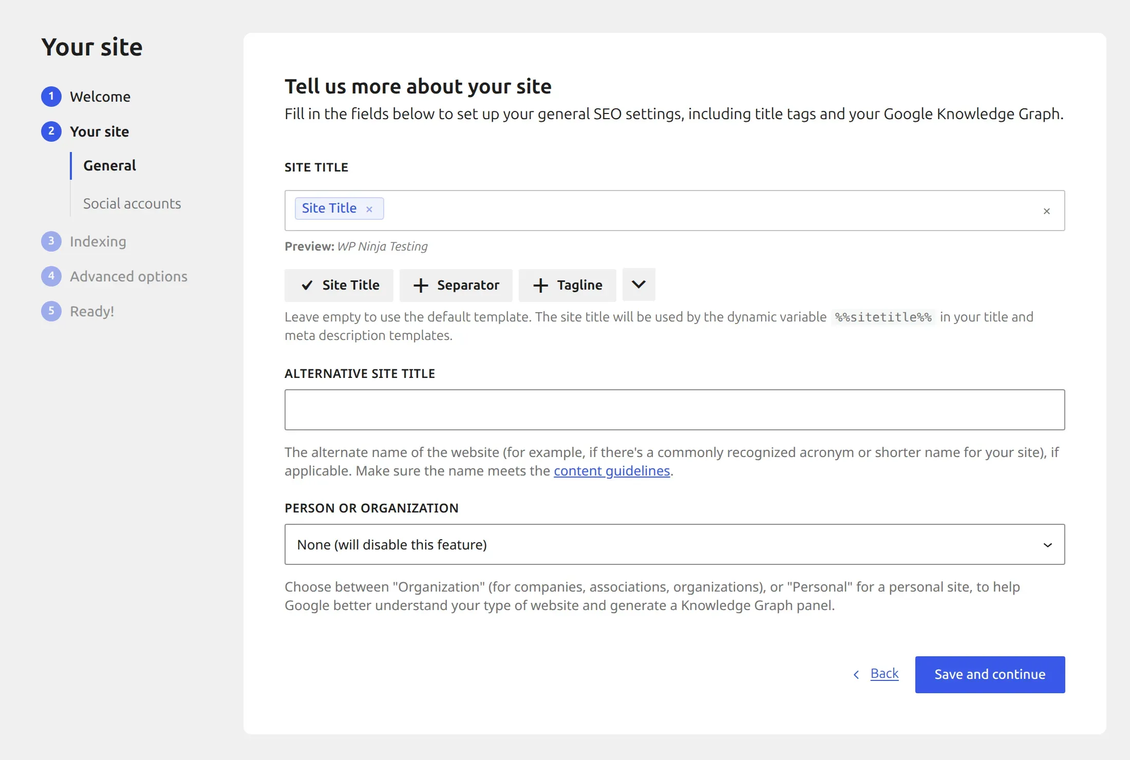 SEOPress wizard Your site step with Person or Organization set to None by default