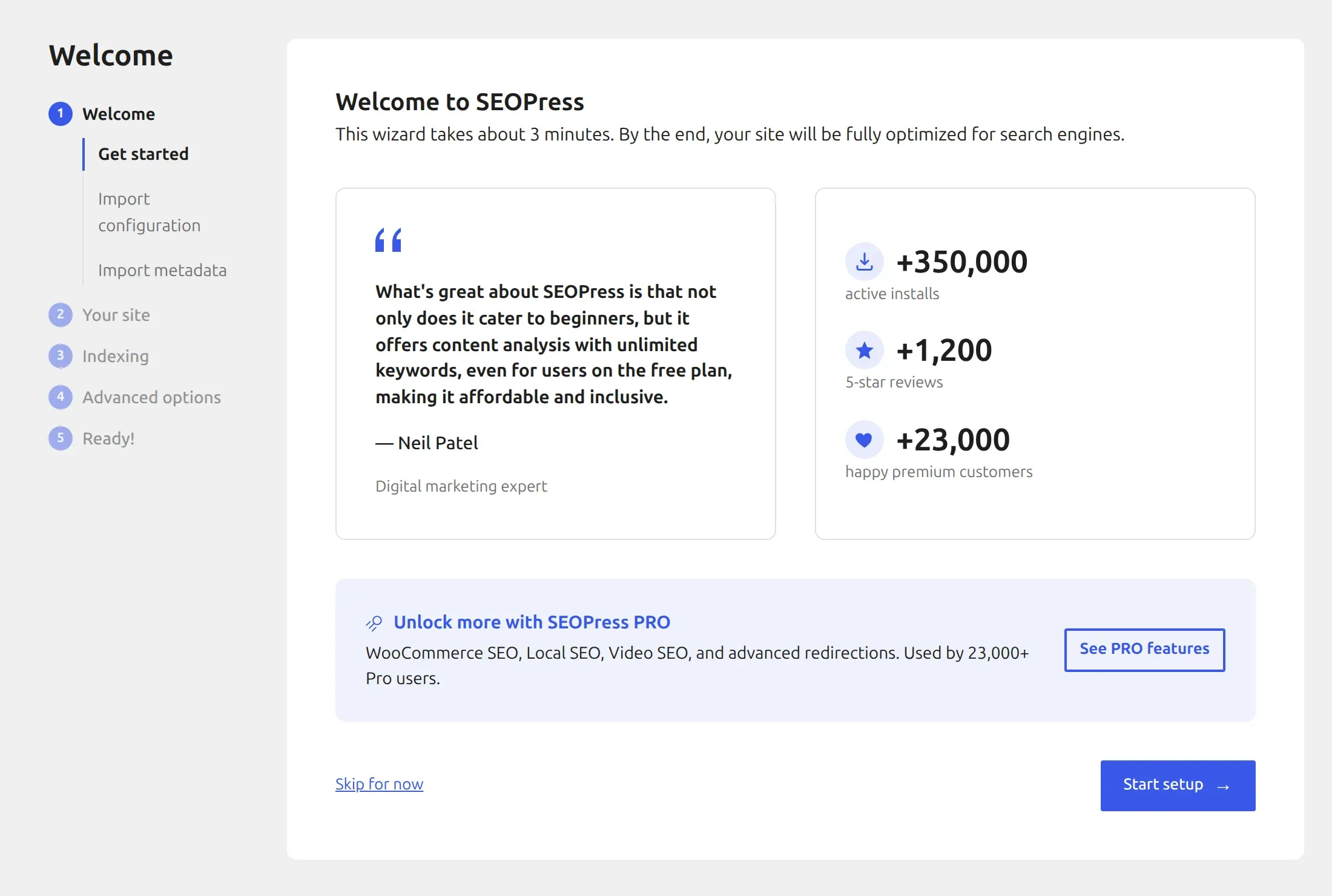 SEOPress setup wizard welcome screen saying it takes about 3 minutes