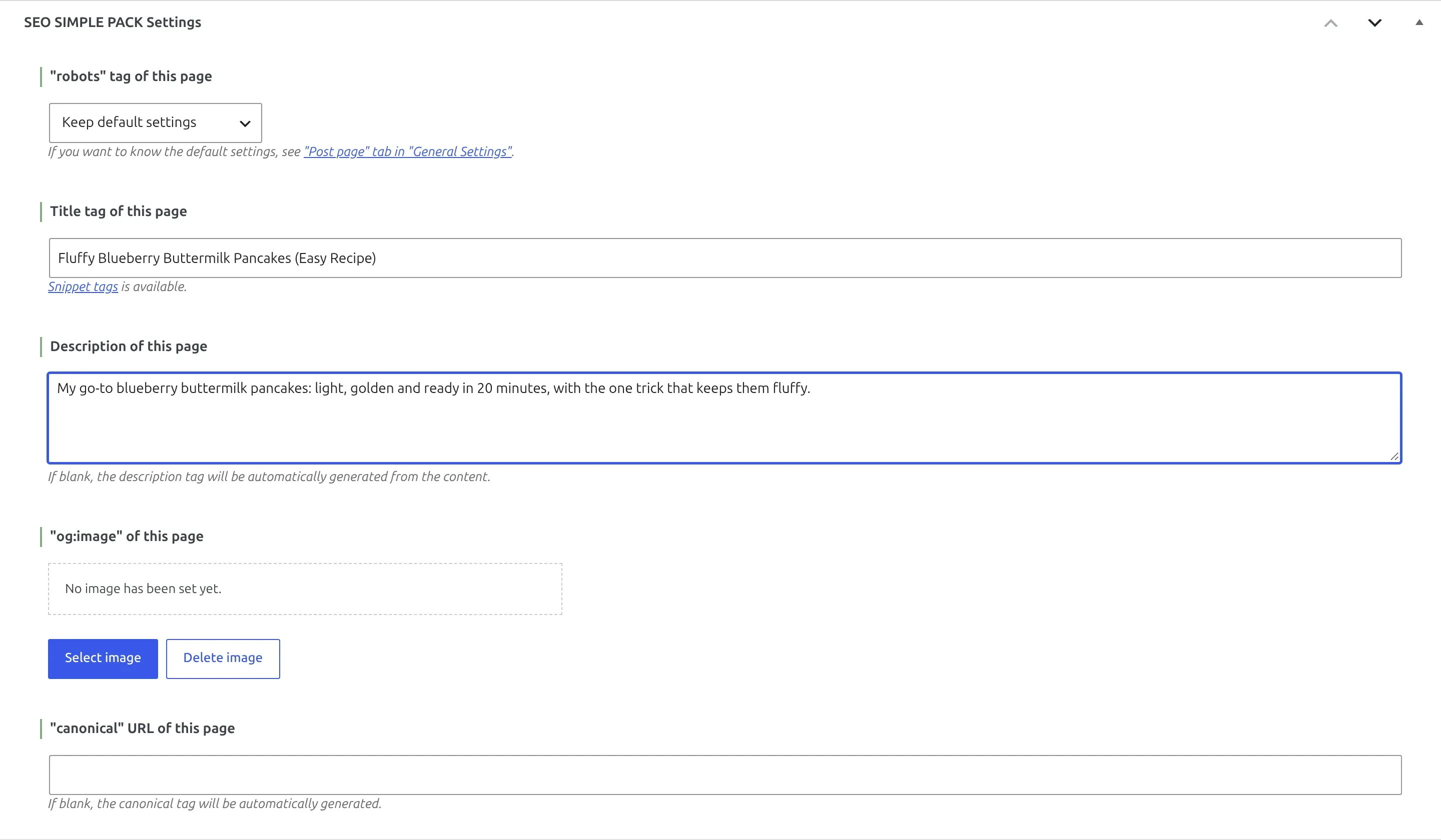 SEO Simple Pack settings box in the post editor with the title and description fields