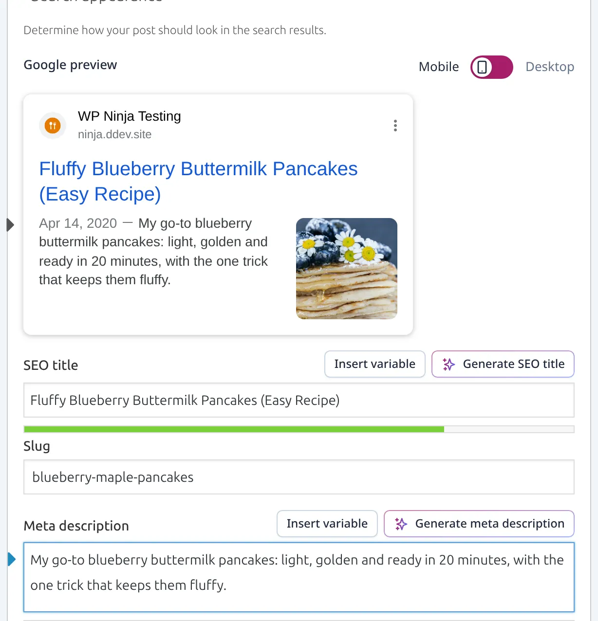 Yoast Search appearance panel in the post editor with the Google preview