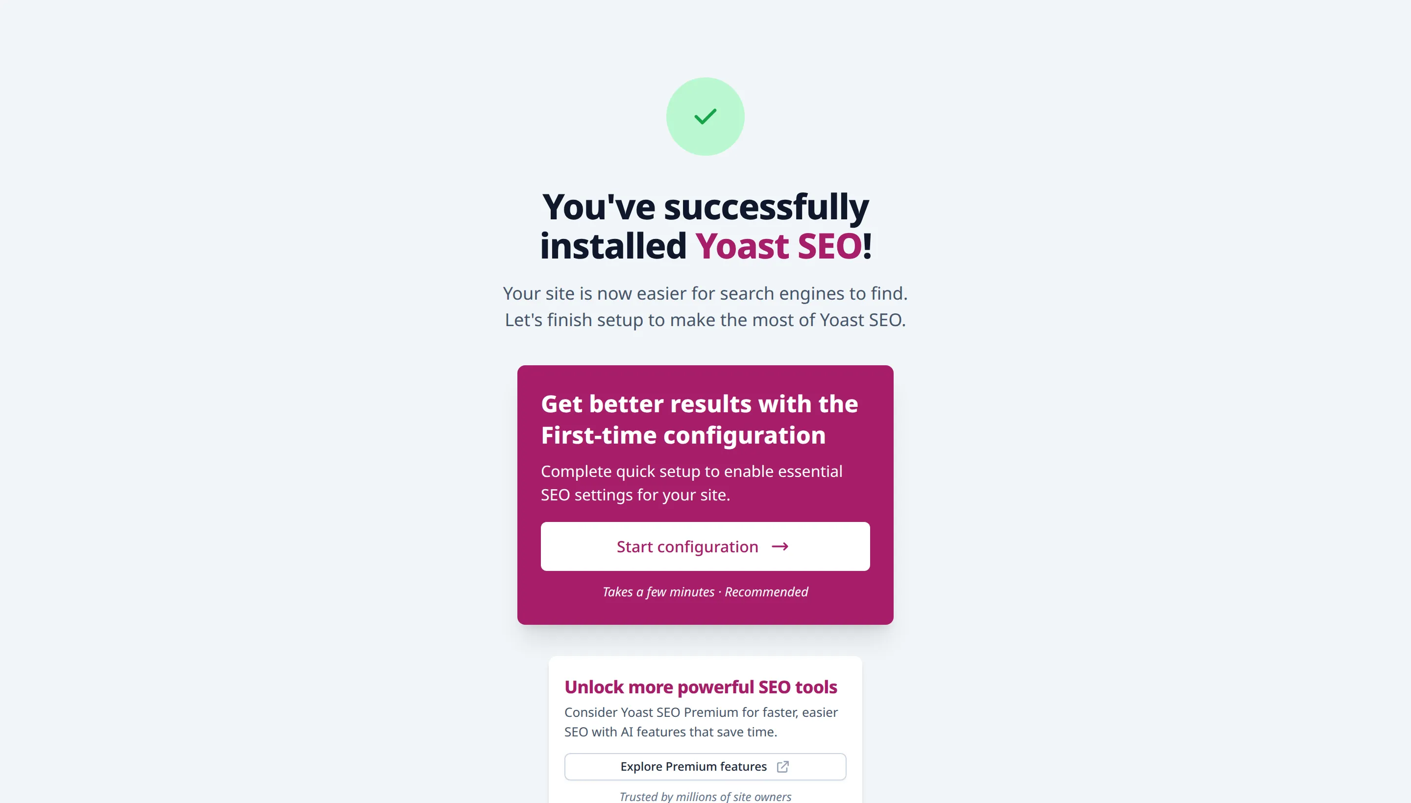 Yoast SEO installed screen with the Start configuration button
