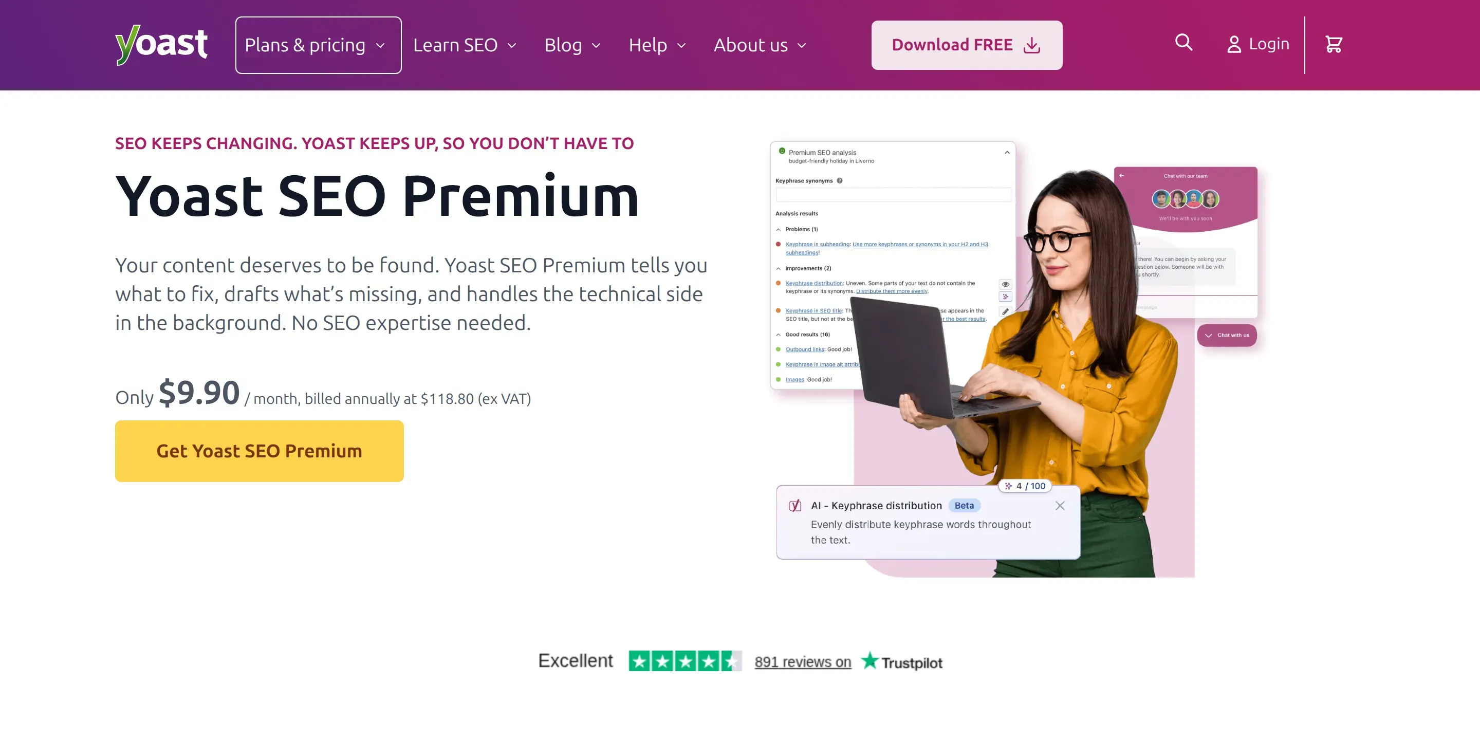 Yoast SEO Premium page showing 9.90 per month billed annually at 118.80, captured 2026-09-18