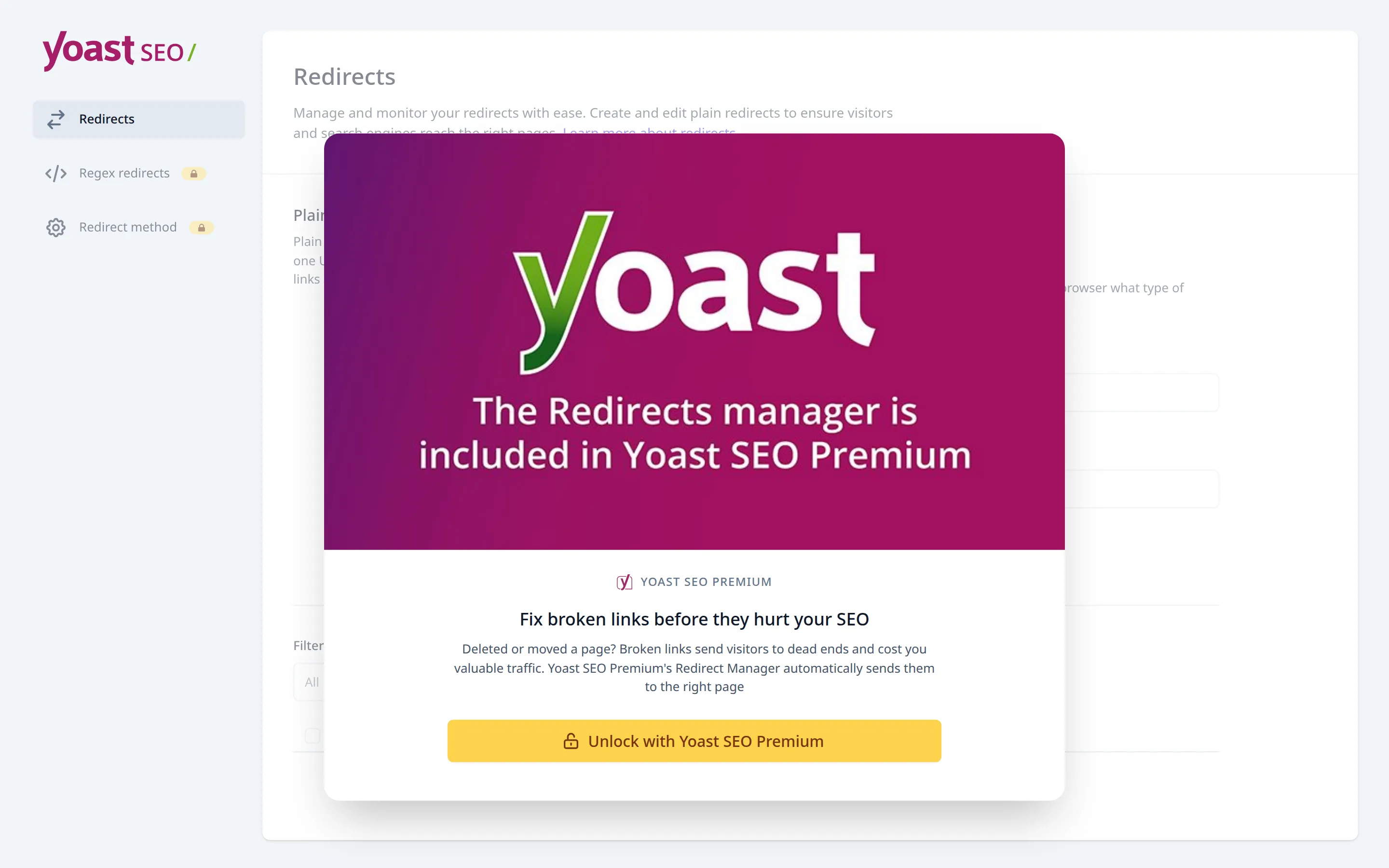 Yoast Redirects screen locked behind a Yoast SEO Premium message