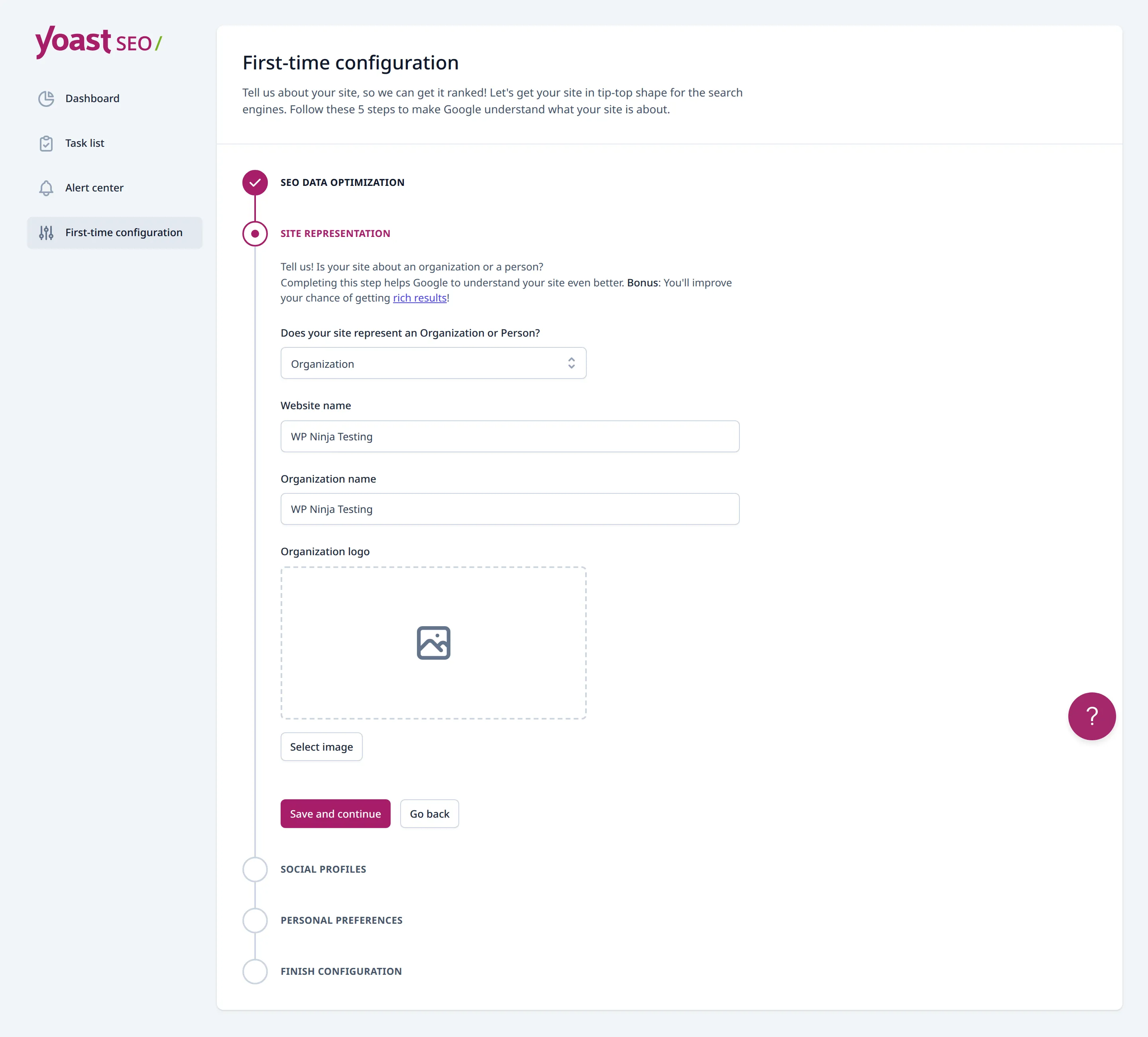Yoast first-time configuration site representation step with Organization pre-selected