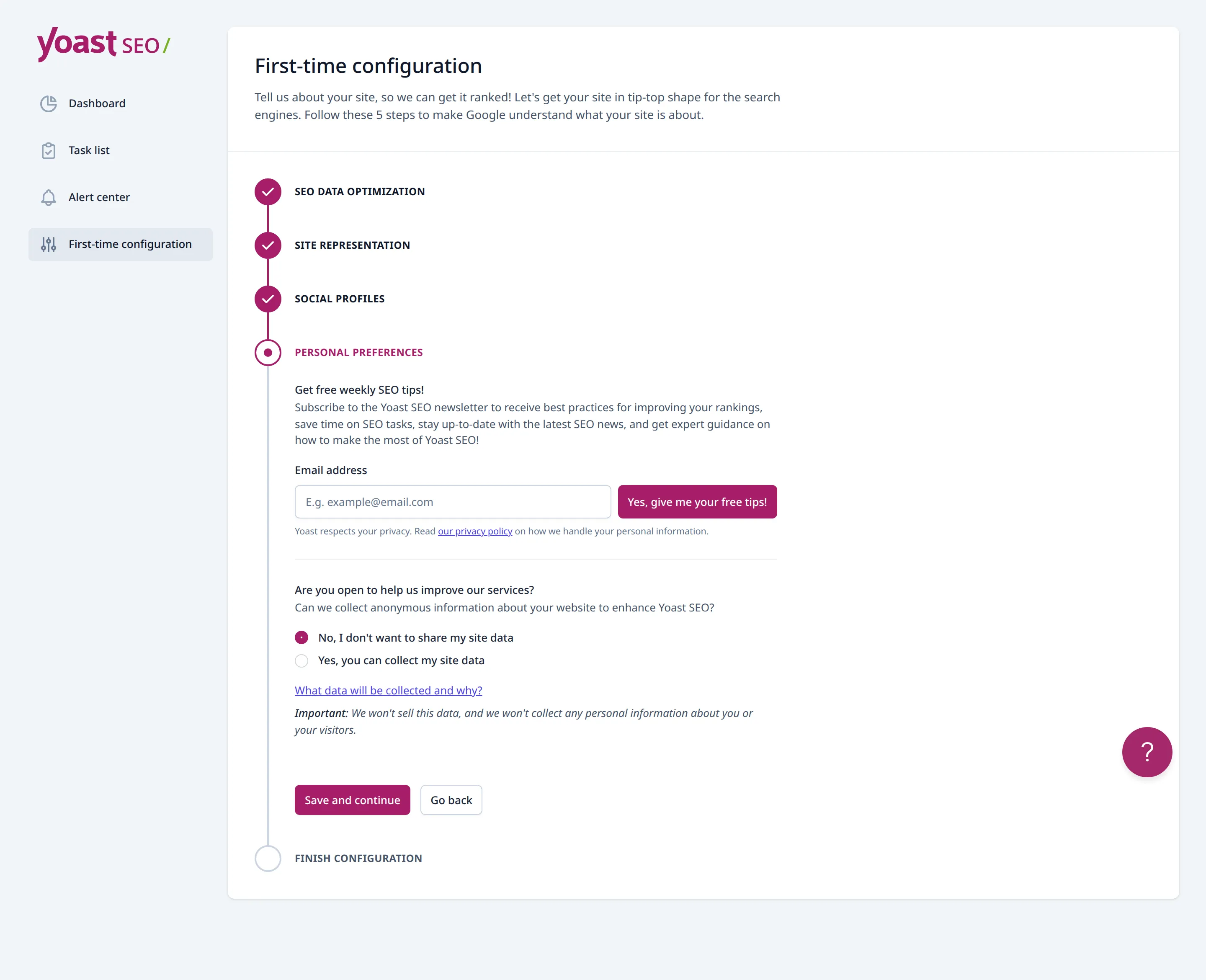 Yoast personal preferences step with No I don't want to share my site data pre-selected