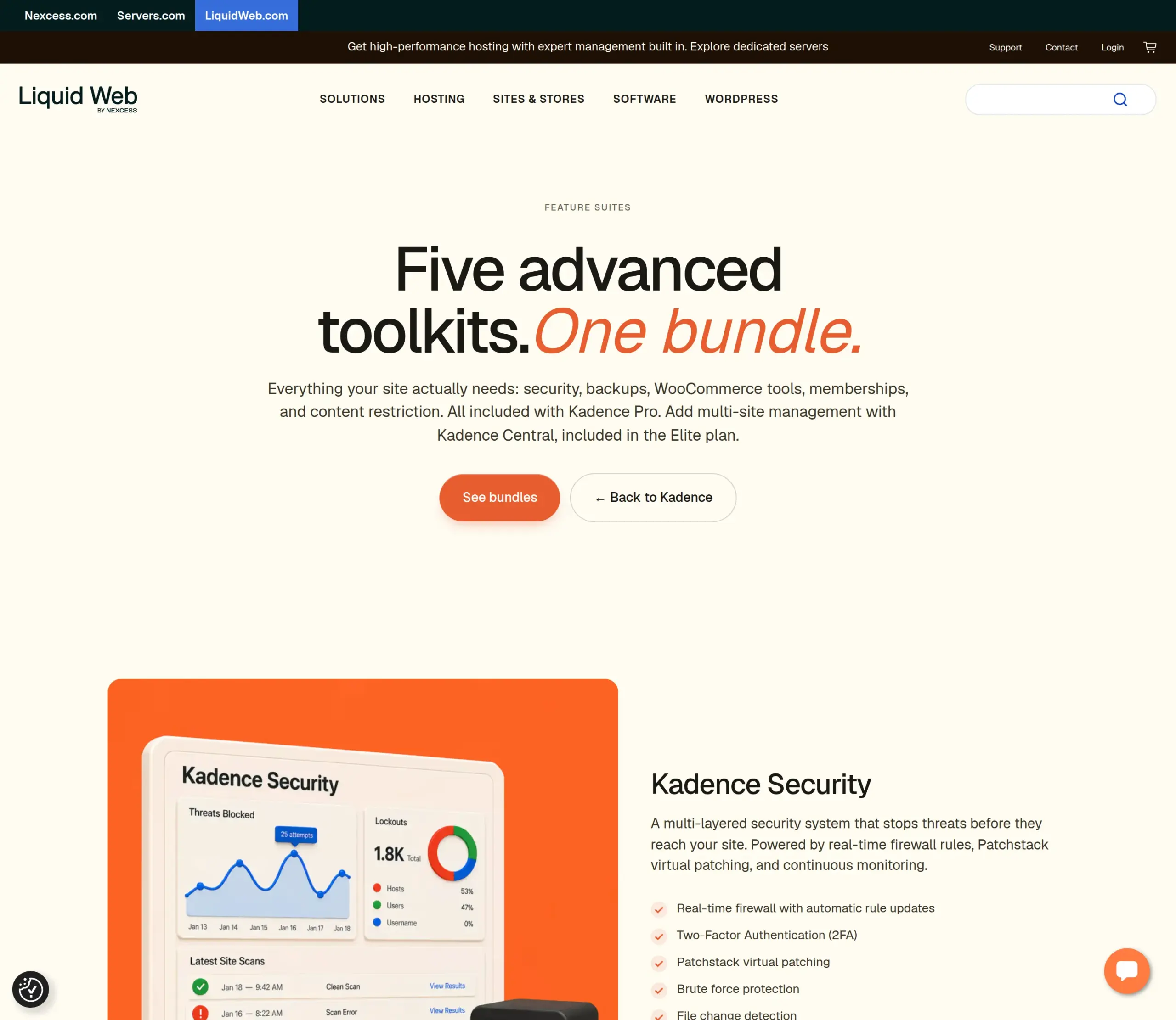 The old solidwp.com/security URL landing on the Liquid Web Kadence add-ons page