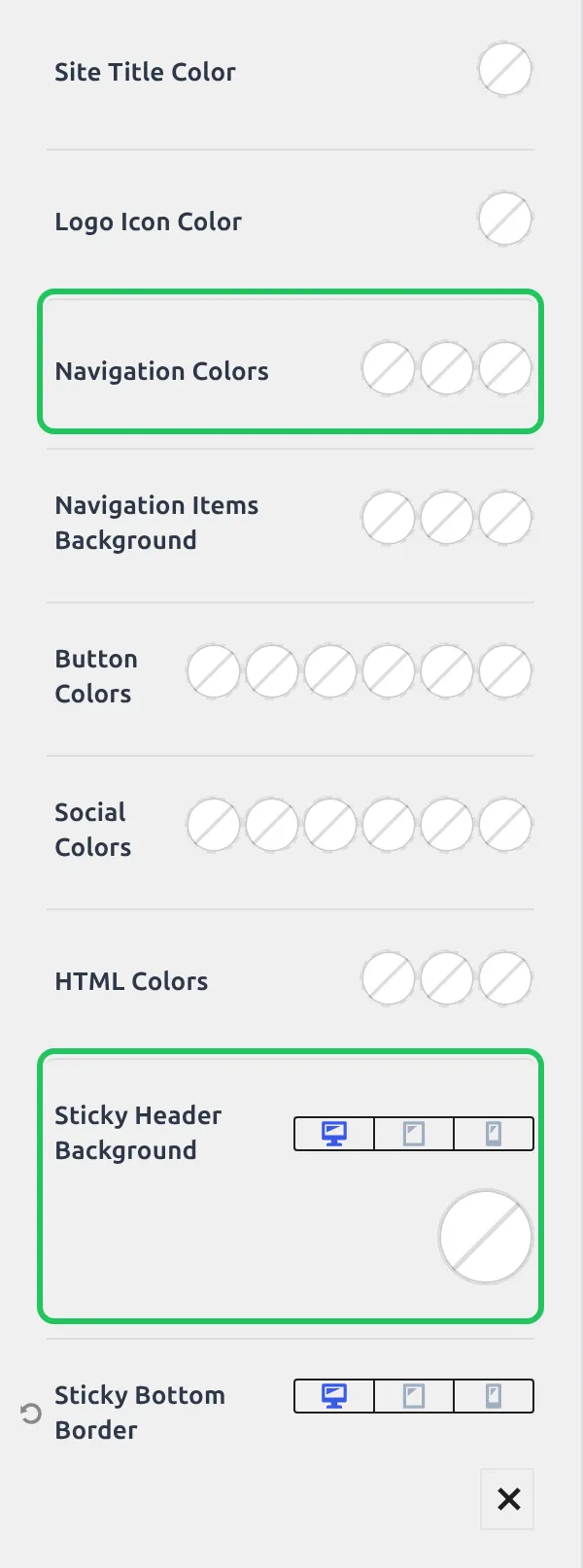 The Kadence Sticky Header Design tab with Navigation Colors and Sticky Header Background highlighted