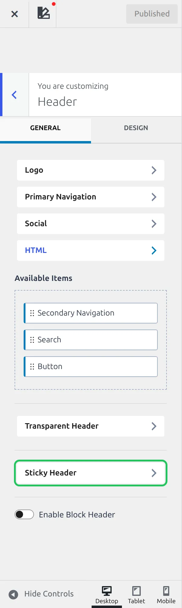 The Kadence Header panel in the Customizer with the Sticky Header button highlighted below Available Items and Transparent Header