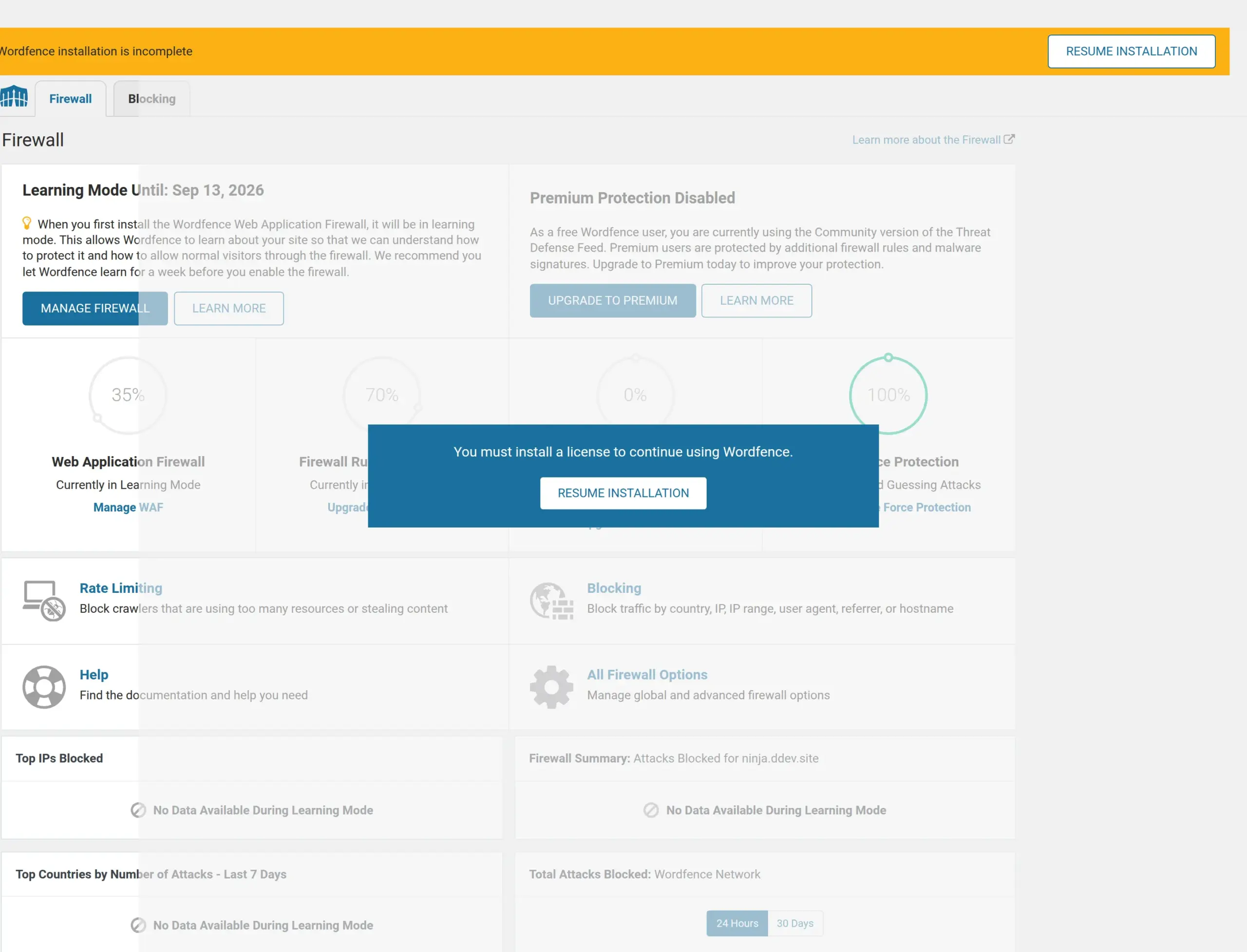 The Wordfence firewall screen showing Learning Mode Until Sep 13 2026