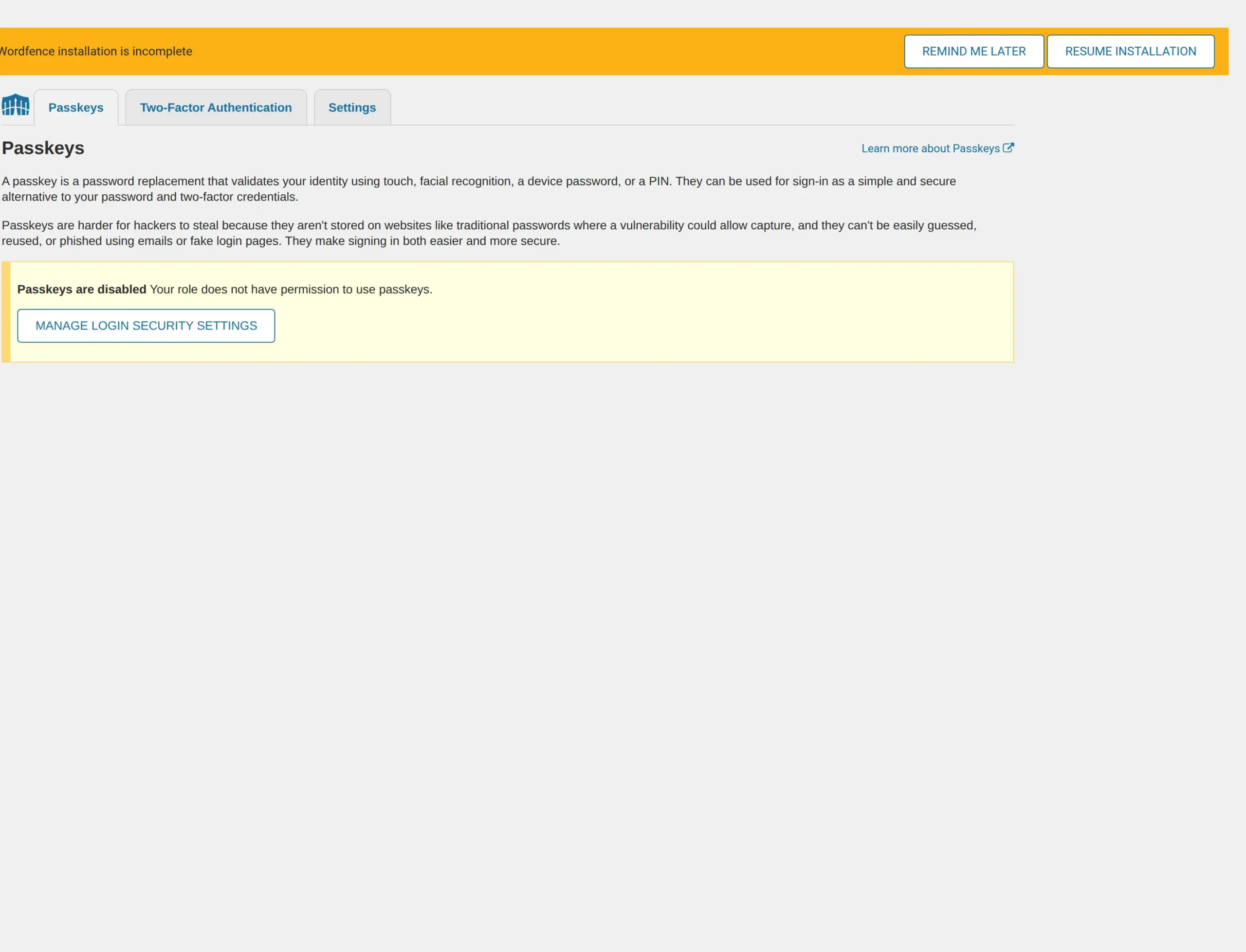The Wordfence Login Security screen showing two-factor and passkey options