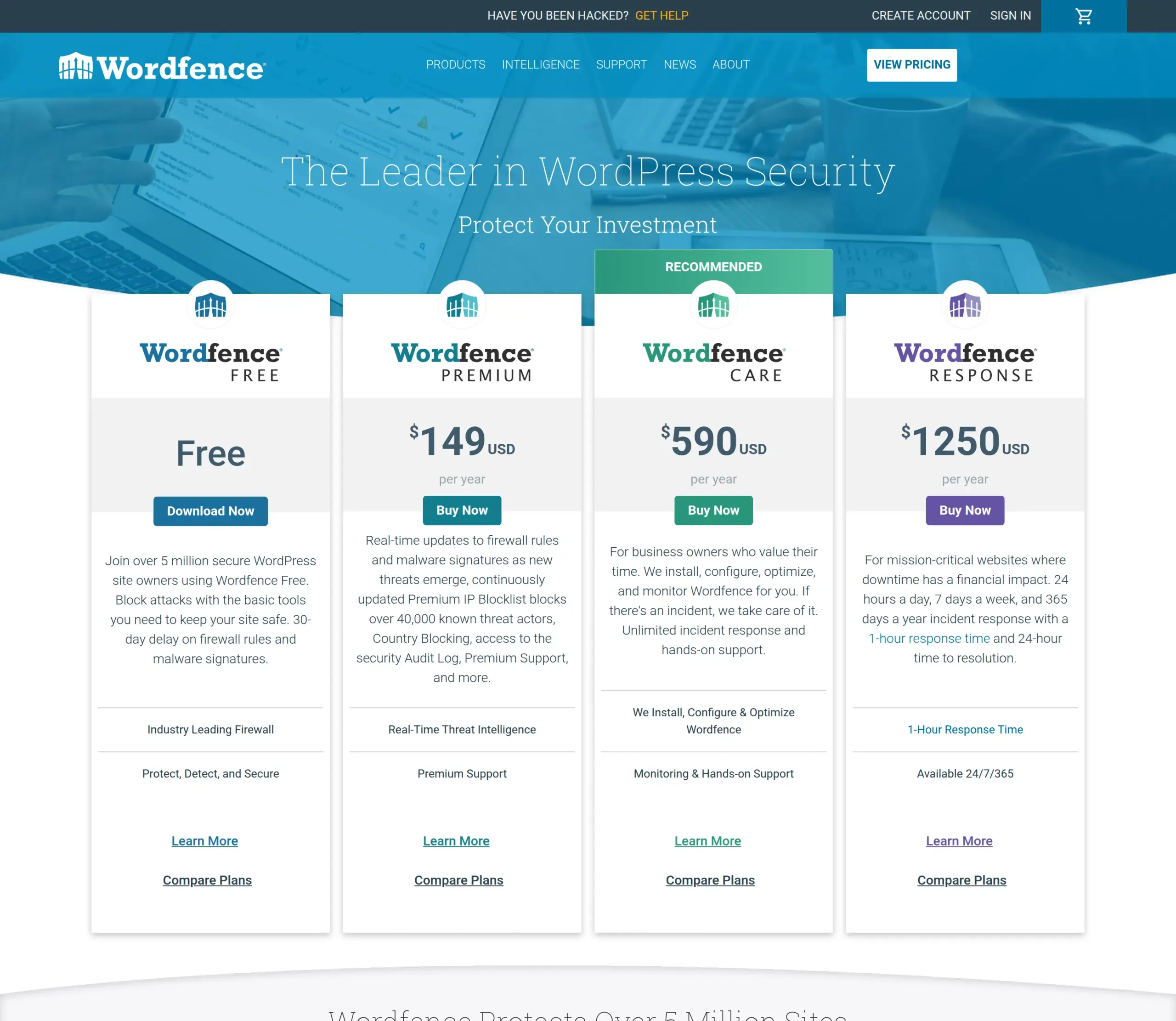 The Wordfence pricing page dated 6 September 2026 showing Free, Premium at $149, Care at $590 and Response at $1250