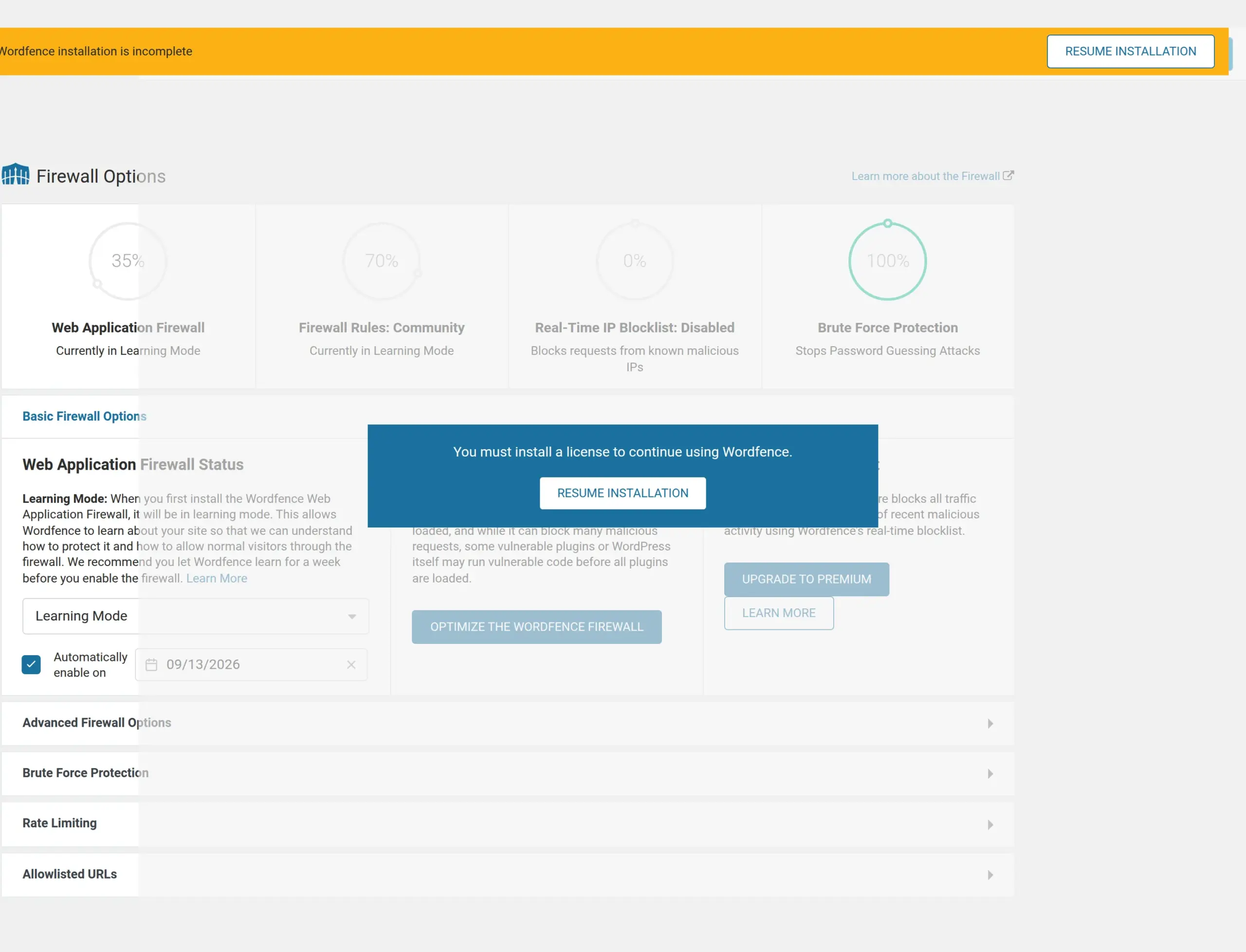 The Wordfence firewall options screen where the optimisation is run