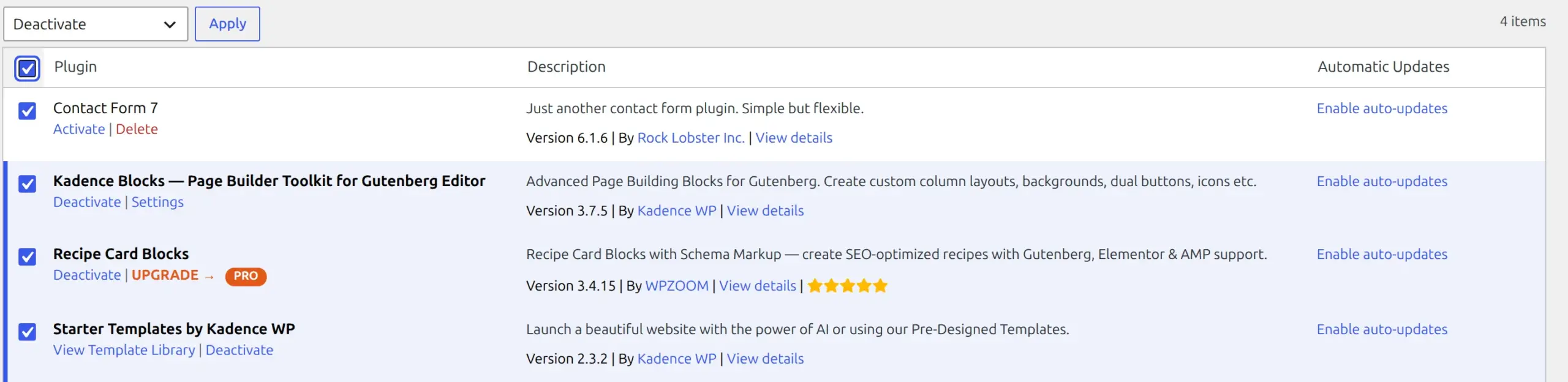 WordPress Installed Plugins screen with every plugin selected and the Deactivate bulk action chosen