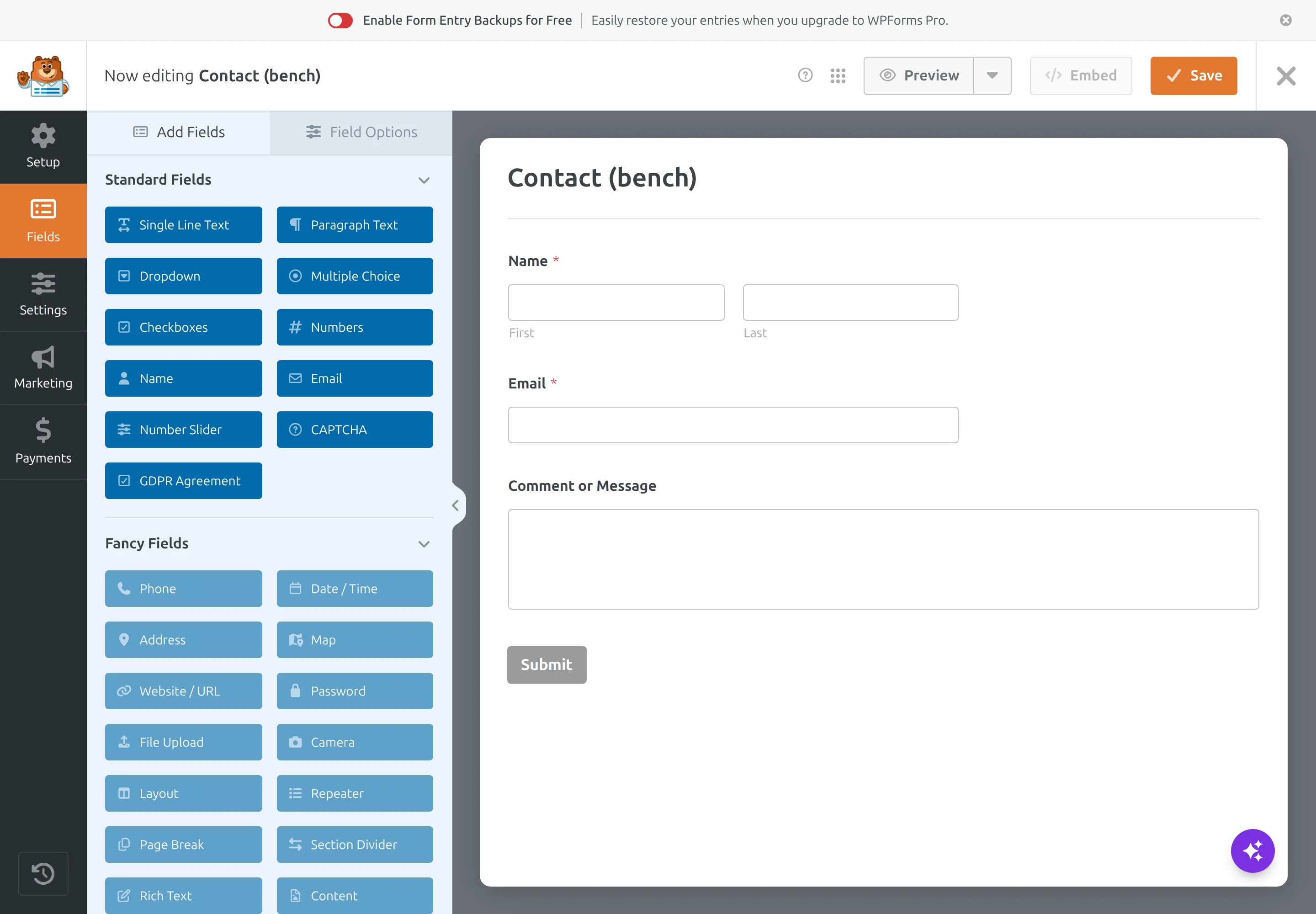 The WPForms builder with the three-field contact form
