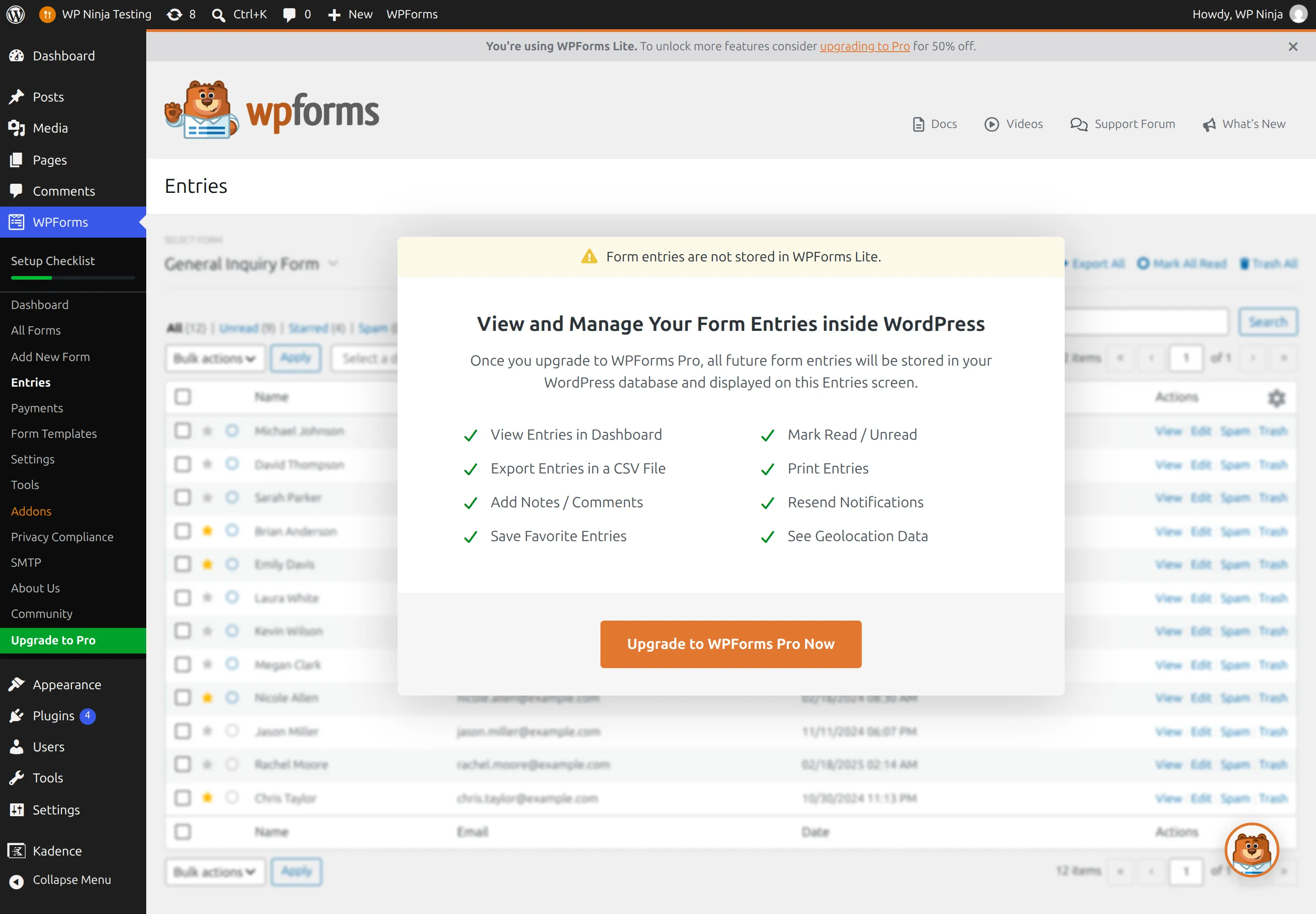 WPForms Entries screen with the banner reading Form entries are not stored in WPForms Lite