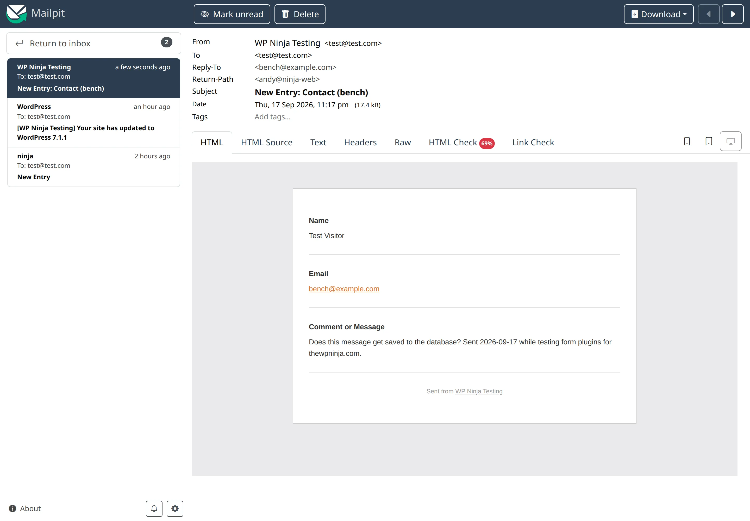 The WPForms notification email, the only copy of the submitted message