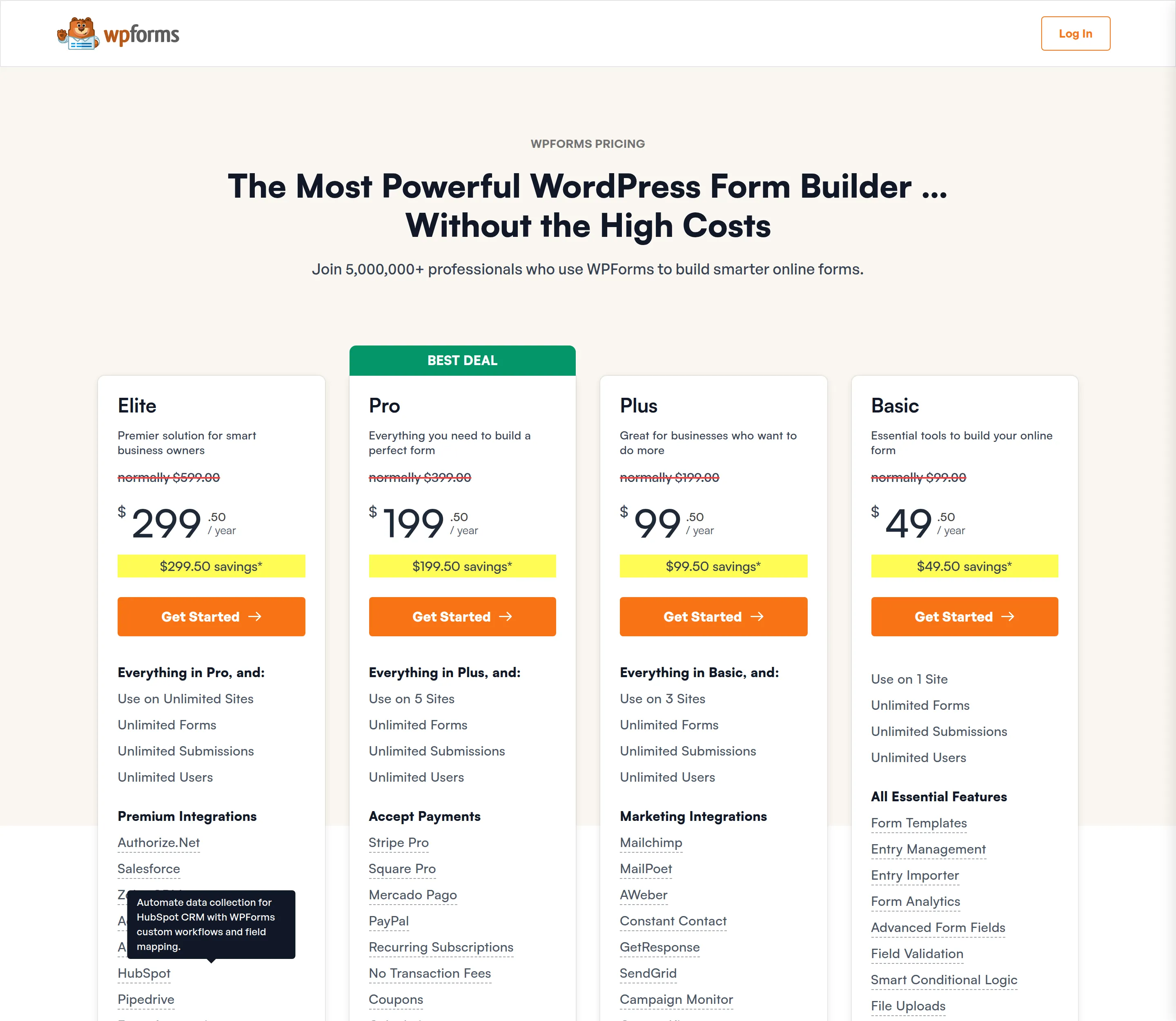 WPForms pricing page, captured with the date