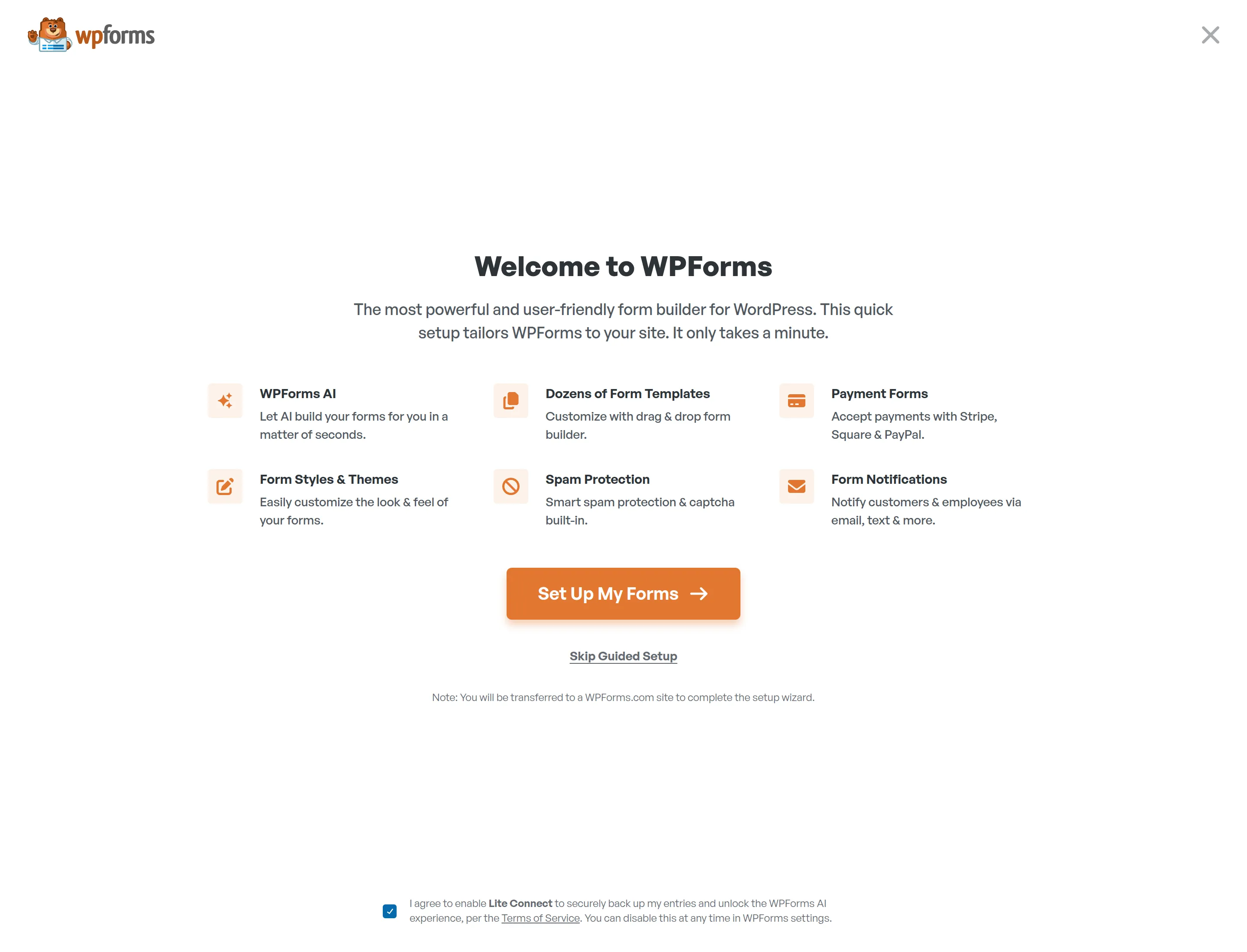 The WPForms welcome screen with the pre-ticked Lite Connect box