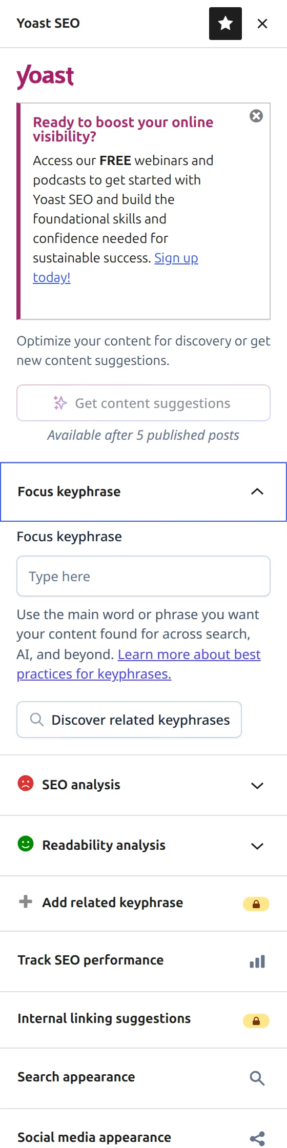 Yoast SEO free sidebar with Premium features locked behind padlock icons