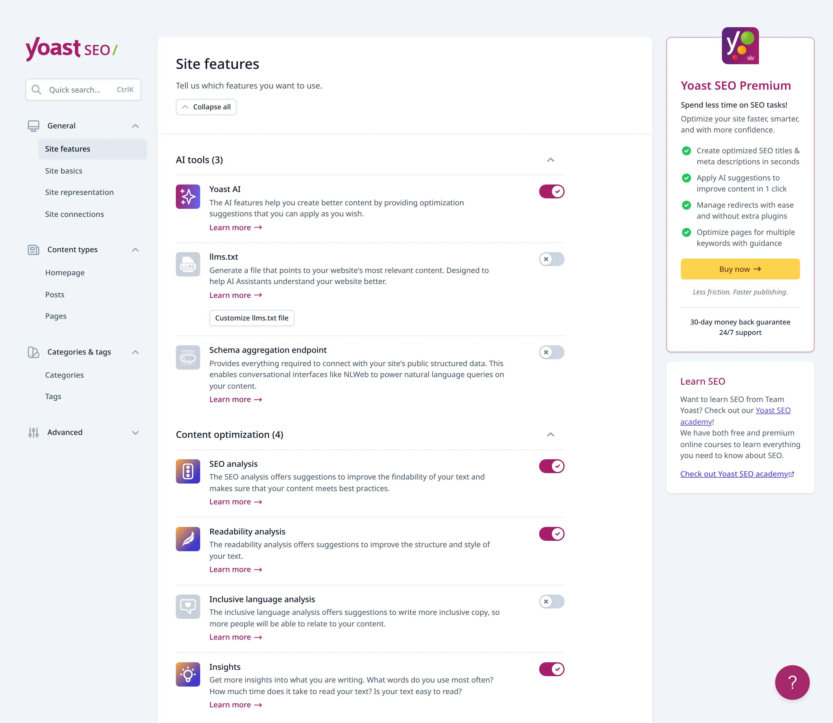 Yoast SEO schema settings for post types