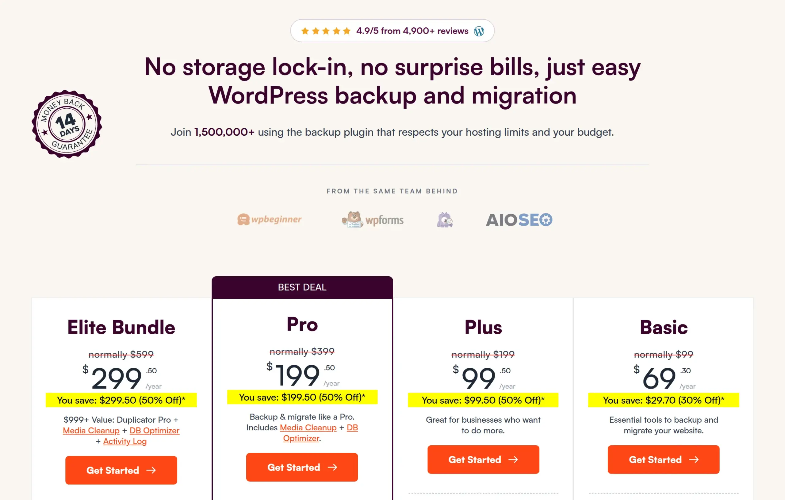 Duplicator pricing page showing Basic at 69.30 dollars for the first year, normally 99 dollars, captured 2026-10-06