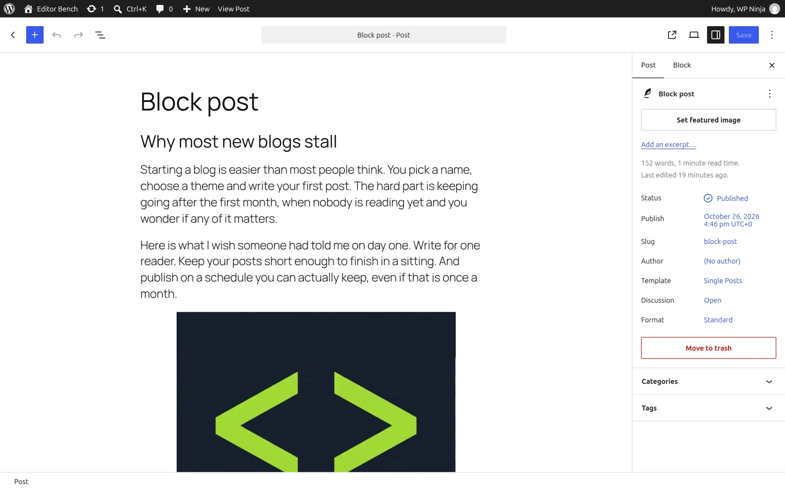The block editor in WordPress 7.1.2 showing the same test post as separate blocks, with the post settings sidebar on the right