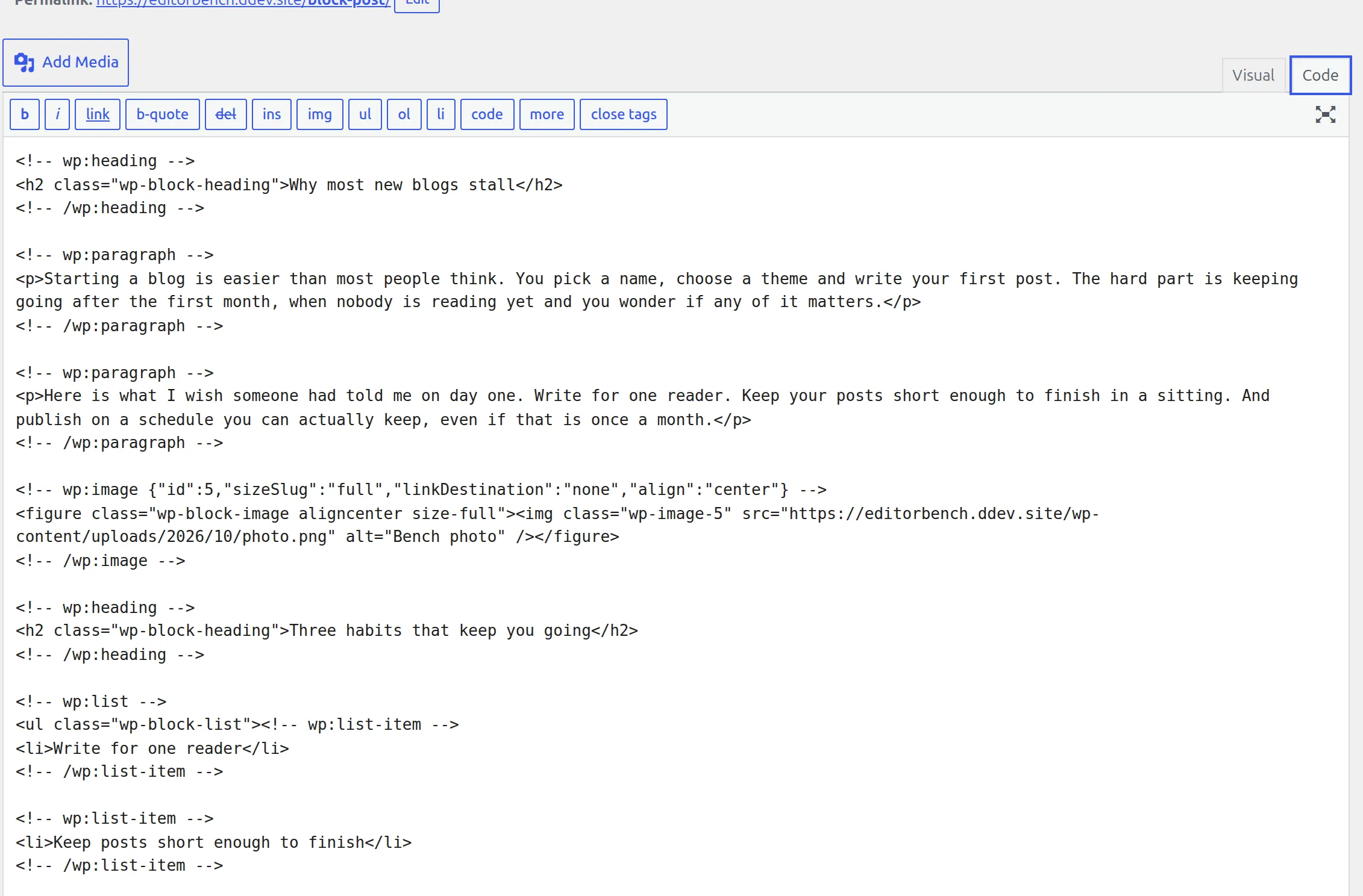 The Code tab of the Classic Editor showing the block comments like wp:heading and wp:paragraph inside a block post
