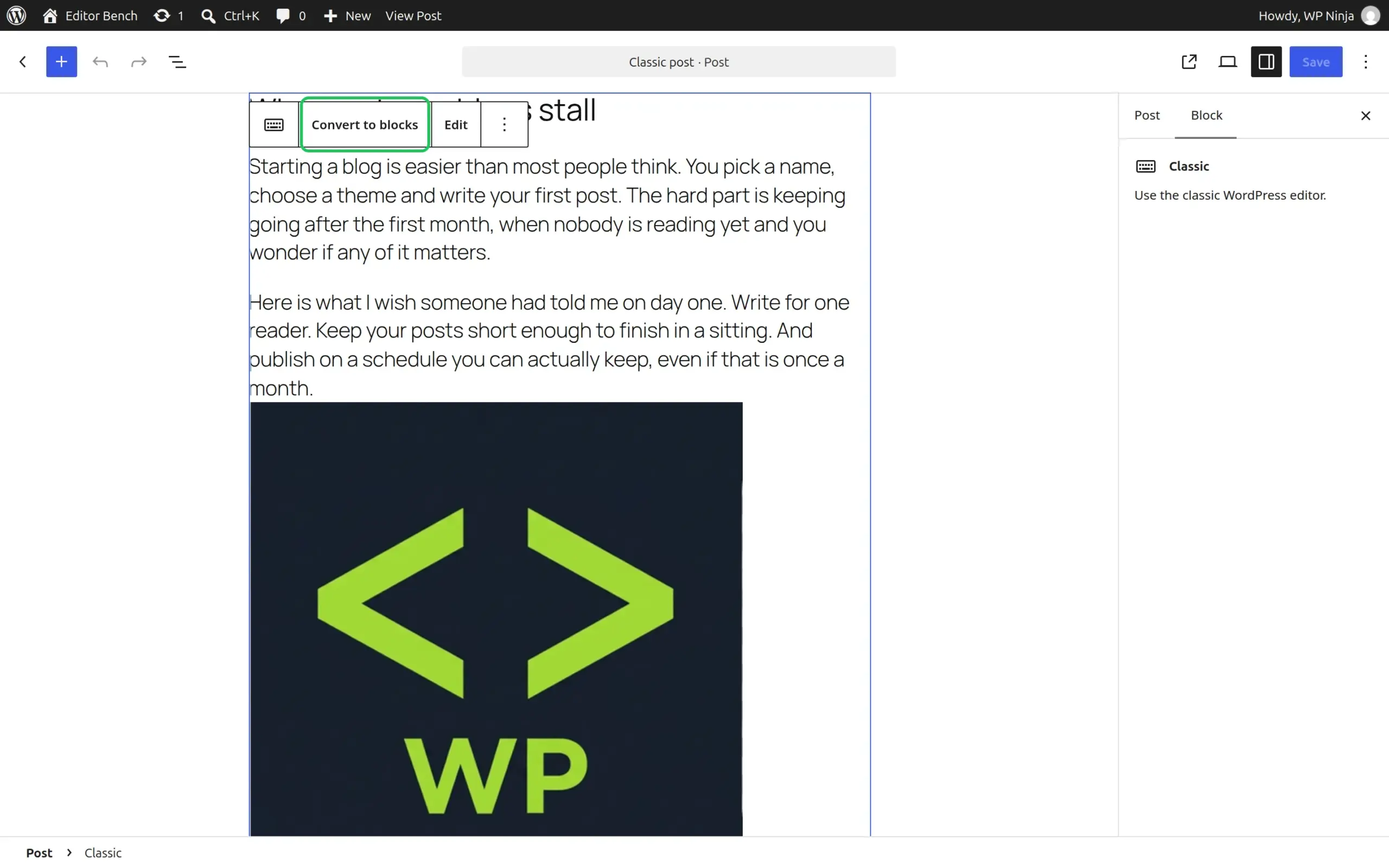 An old Classic Editor post opened in the block editor as one Classic block, with the Convert to blocks button outlined