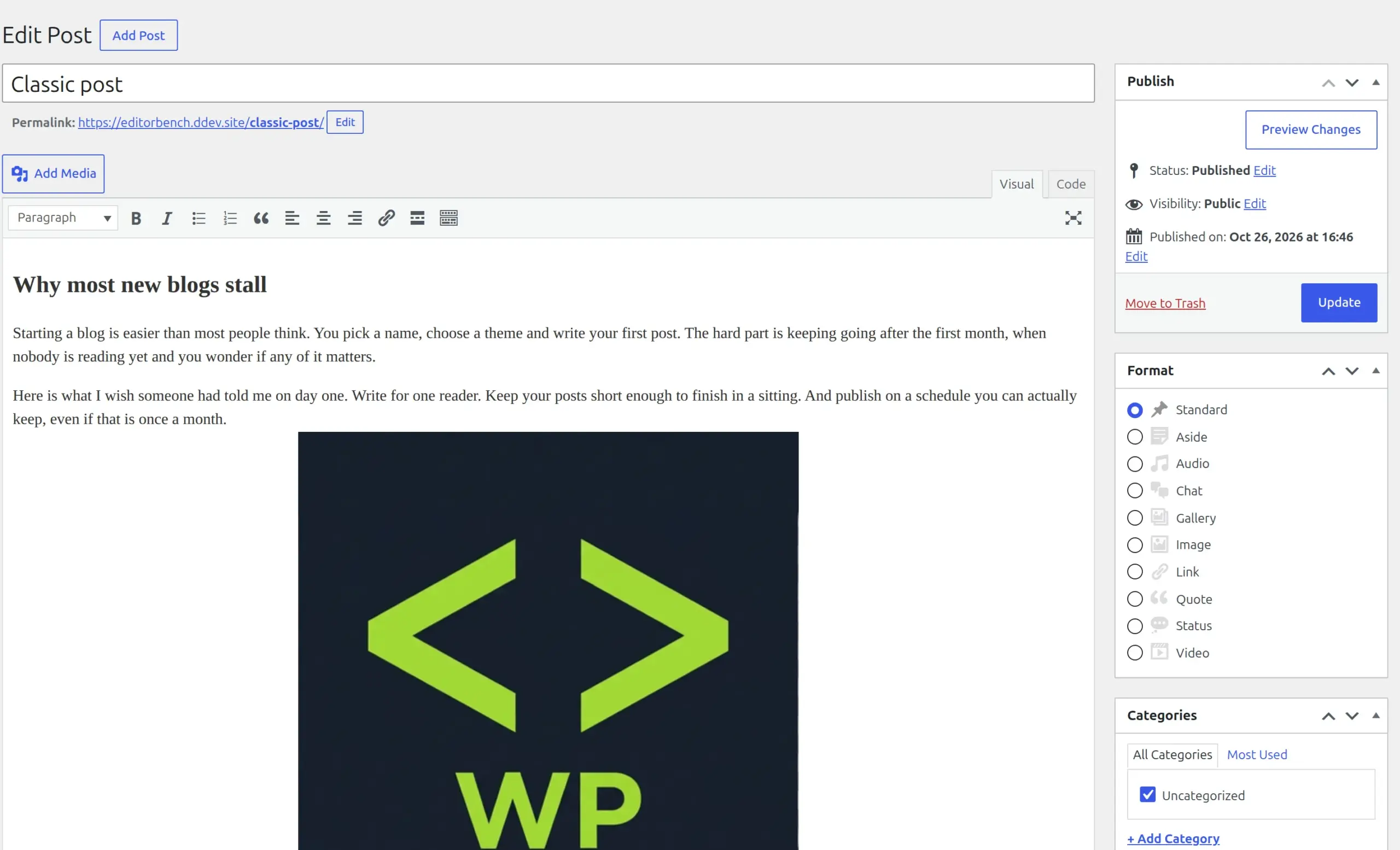 The Classic Editor screen in WordPress 7.1.2 with a title box, the formatting toolbar and Publish, Format and Categories boxes on the right