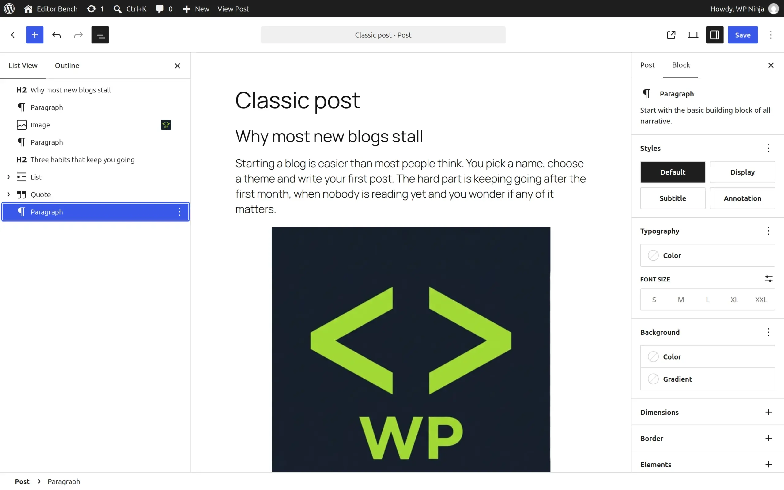 The converted post in the block editor with List View open, showing the image now placed before the second paragraph