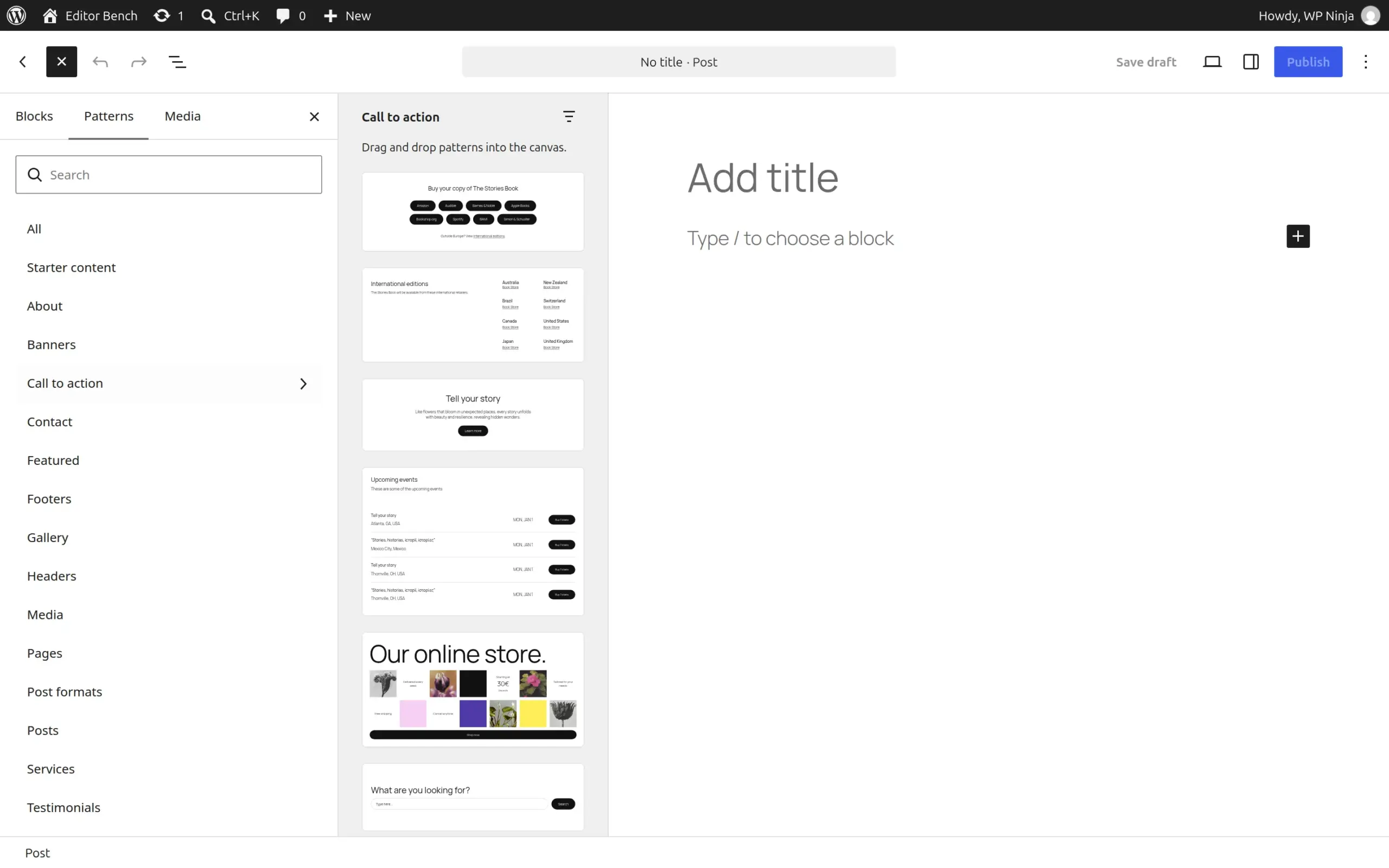 The block editor's inserter on the Patterns tab showing the Call to action category with pattern previews