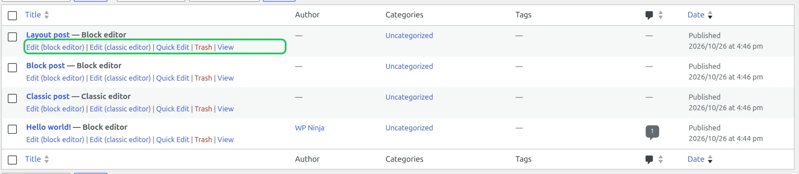 The Posts list with Edit (block editor) and Edit (classic editor) row links and a Classic editor or Block editor label after each post title