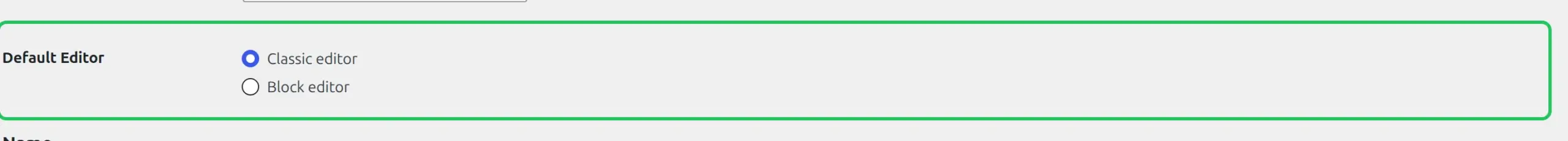 The Default Editor setting on the user profile page, added by the Classic Editor plugin