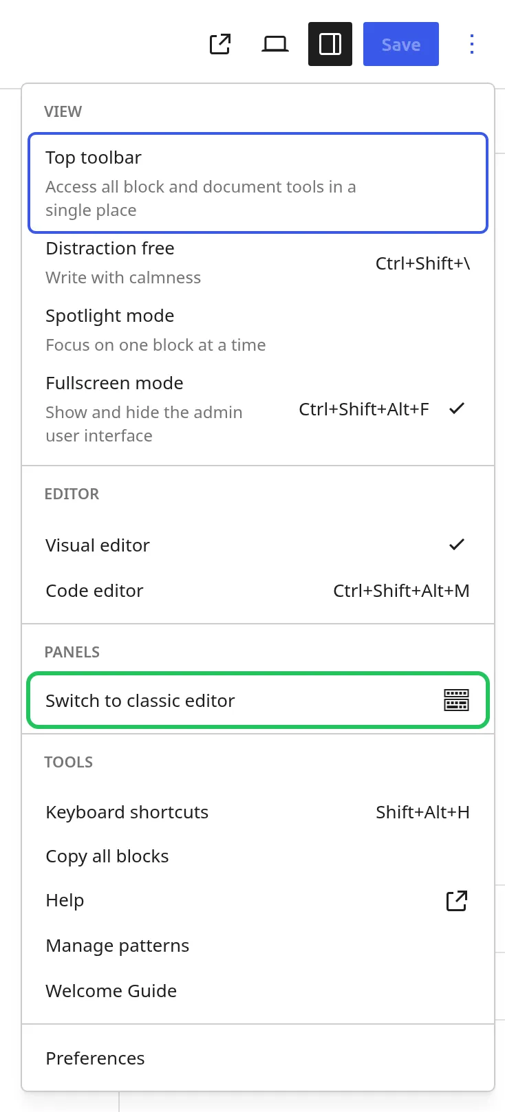 The block editor's Options menu with the Switch to classic editor item outlined