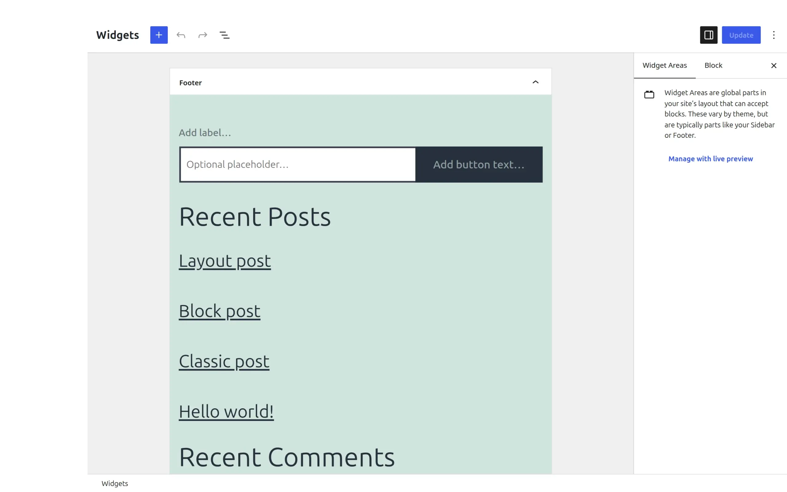 The Widgets screen on Twenty Twenty-One still showing the block widget editor with the Classic Editor plugin active
