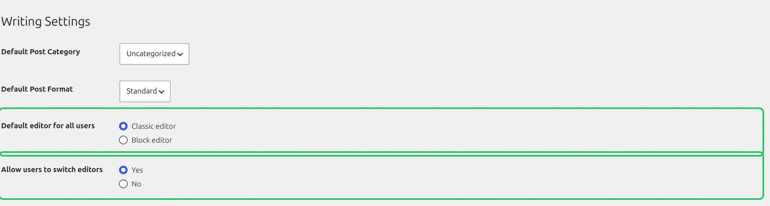 The Writing settings screen with the two Classic Editor rows outlined - Default editor for all users and Allow users to switch editors