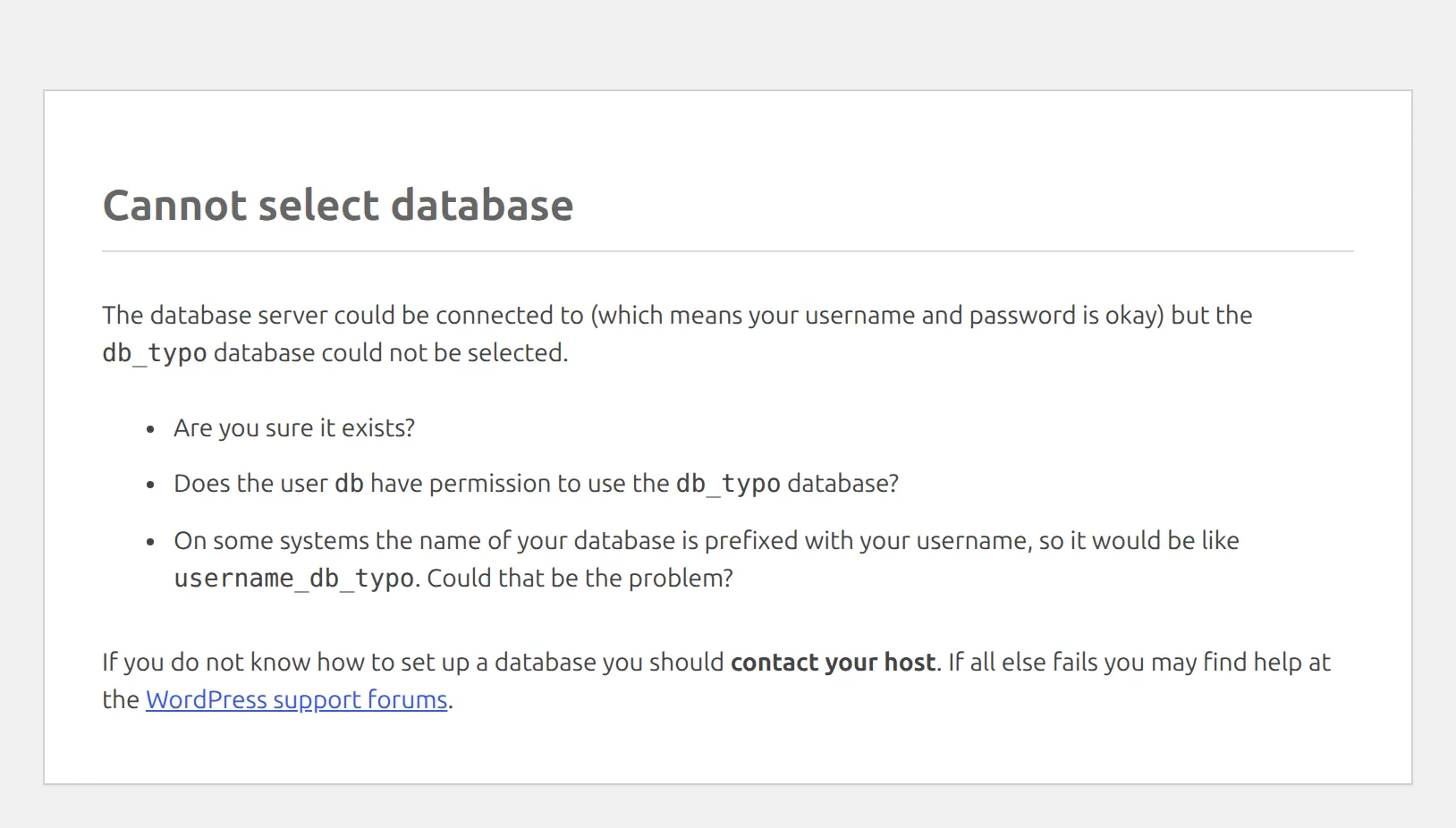 The "Cannot select database" message at /wp-admin/, confirming the username and password work and only the database name in wp-config.php is wrong