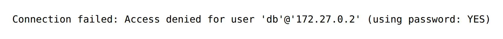 The dbtest.php page in a browser showing "Connection failed: Access denied for user" after a wrong password was entered