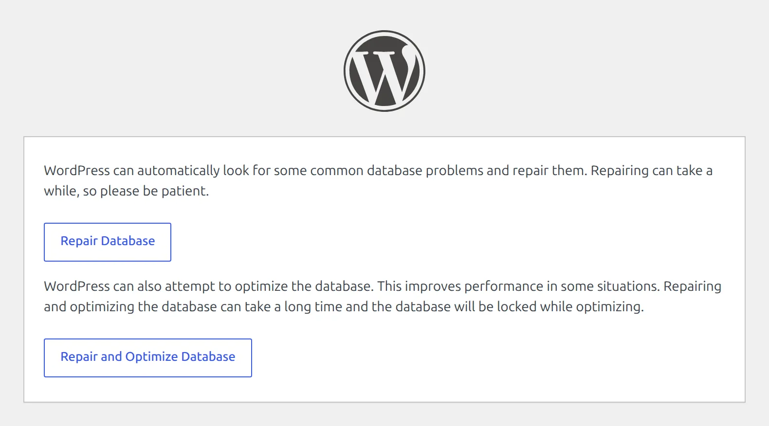 The WordPress database repair page at /wp-admin/maint/repair.php with the Repair Database and Repair and Optimize Database buttons