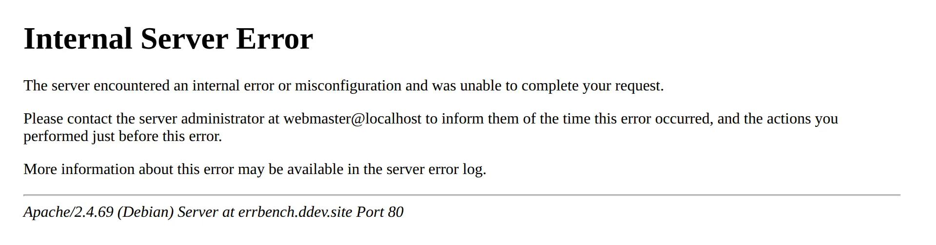 Apache's plain "Internal Server Error" page, "The server encountered an internal error or misconfiguration and was unable to complete your request", caused by a bad line in the WordPress .htaccess file