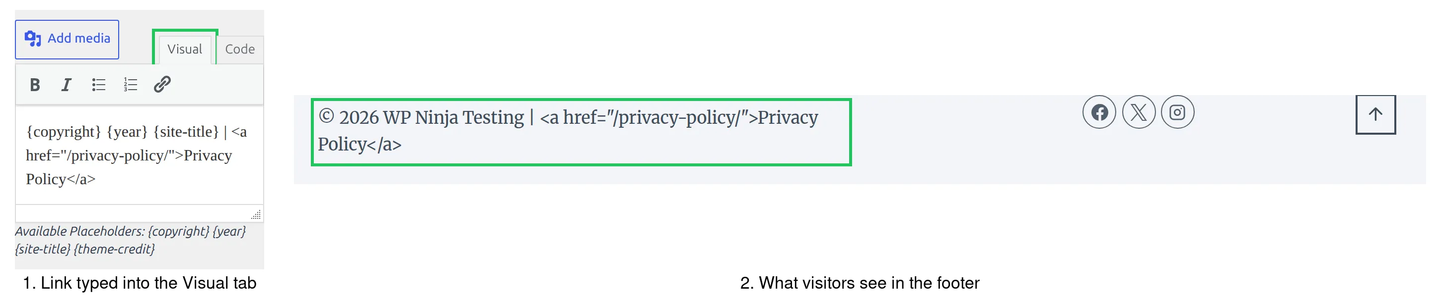 Kadence copyright editor on the Visual tab with a link typed as HTML, and the footer showing the raw code as text instead of a link