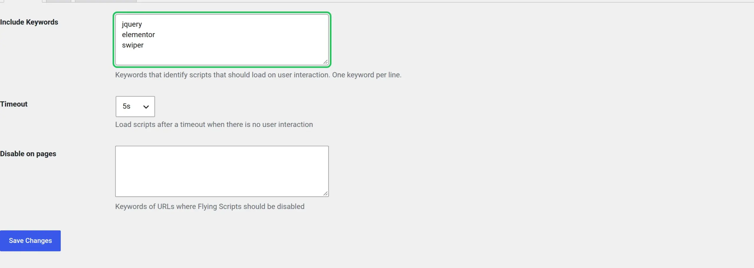 Flying Scripts settings page with jquery, elementor and swiper entered under Include Keywords and Timeout set to 5s