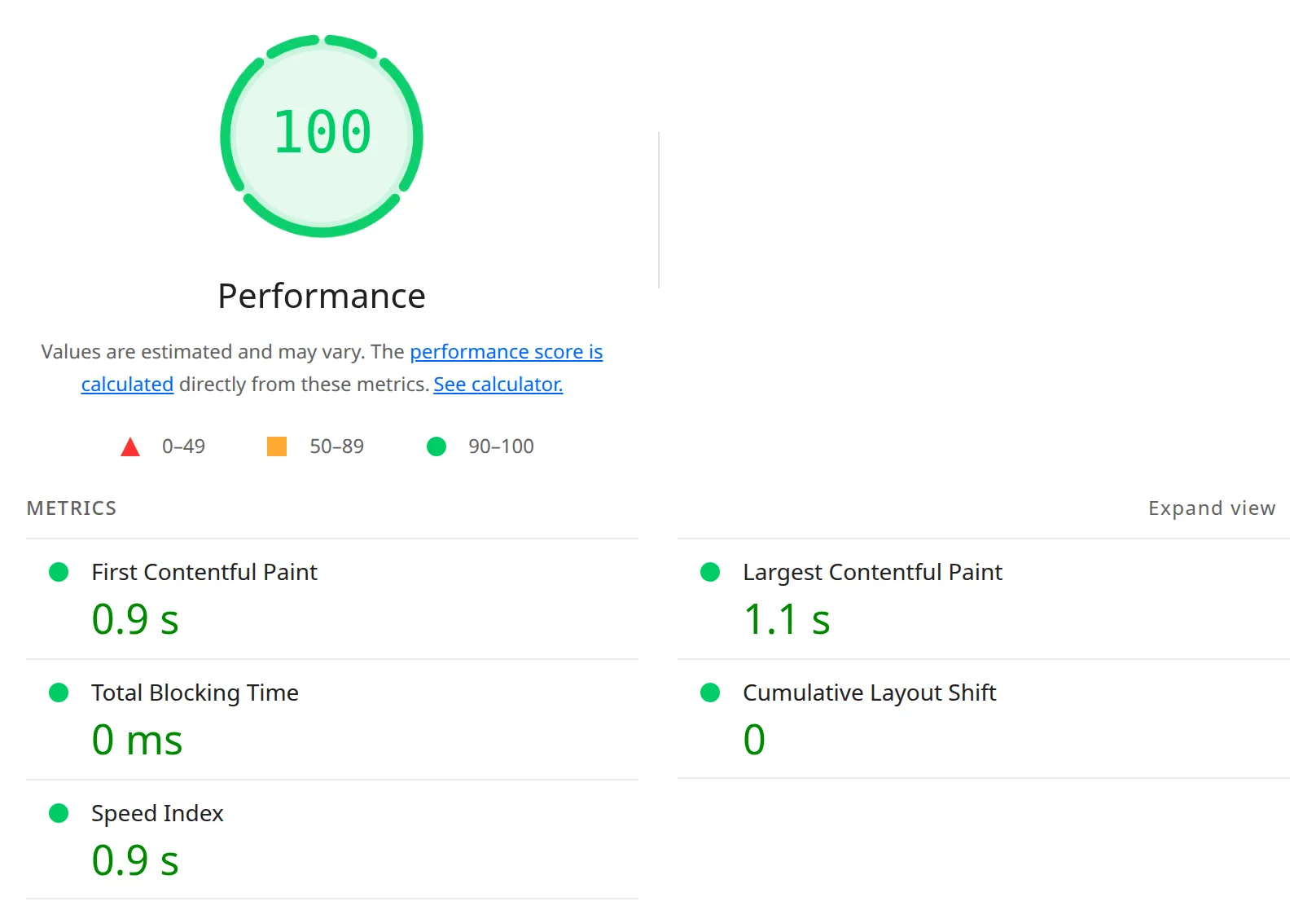 Lighthouse mobile report for the Atomic landing page with Google Fonts turned off - Performance 100, First Contentful Paint 0.9 s, Largest Contentful Paint 1.1 s