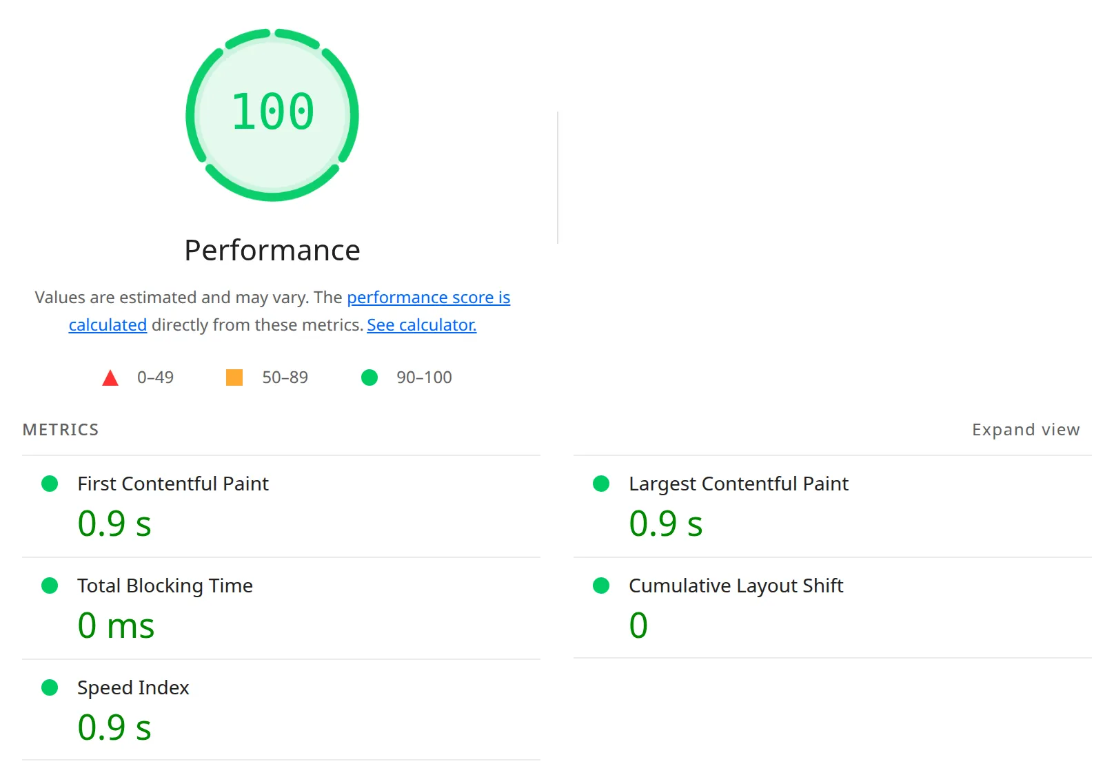 Lighthouse mobile report for the landing page built with blocks and Elementor switched off - Performance 100, First Contentful Paint 0.9 s, Largest Contentful Paint 0.9 s, Total Blocking Time 0 ms