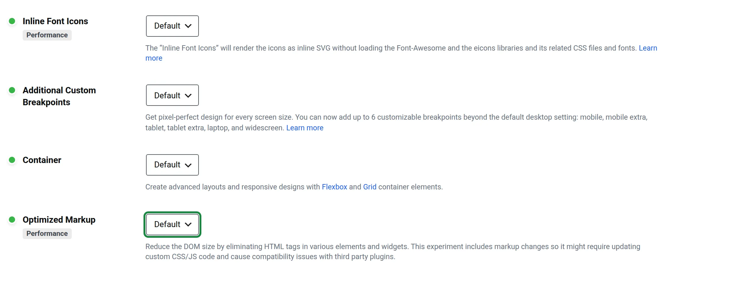 Elementor Settings, Features tab, Inline Font Icons and Optimized Markup both set to Default with a green dot showing they are active