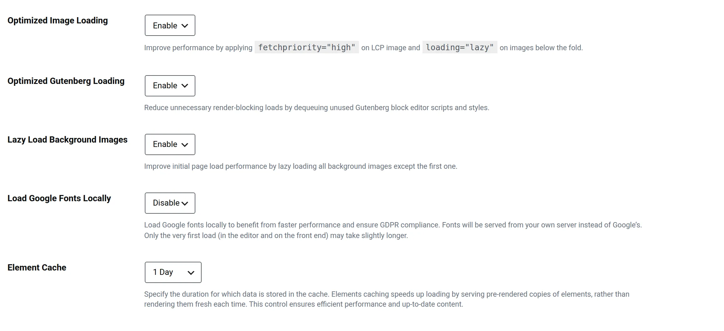 Elementor Settings, Performance tab, showing Optimized Image Loading, Optimized Gutenberg Loading and Lazy Load Background Images all set to Enable, Load Google Fonts Locally set to Disable and Element Cache set to 1 Day