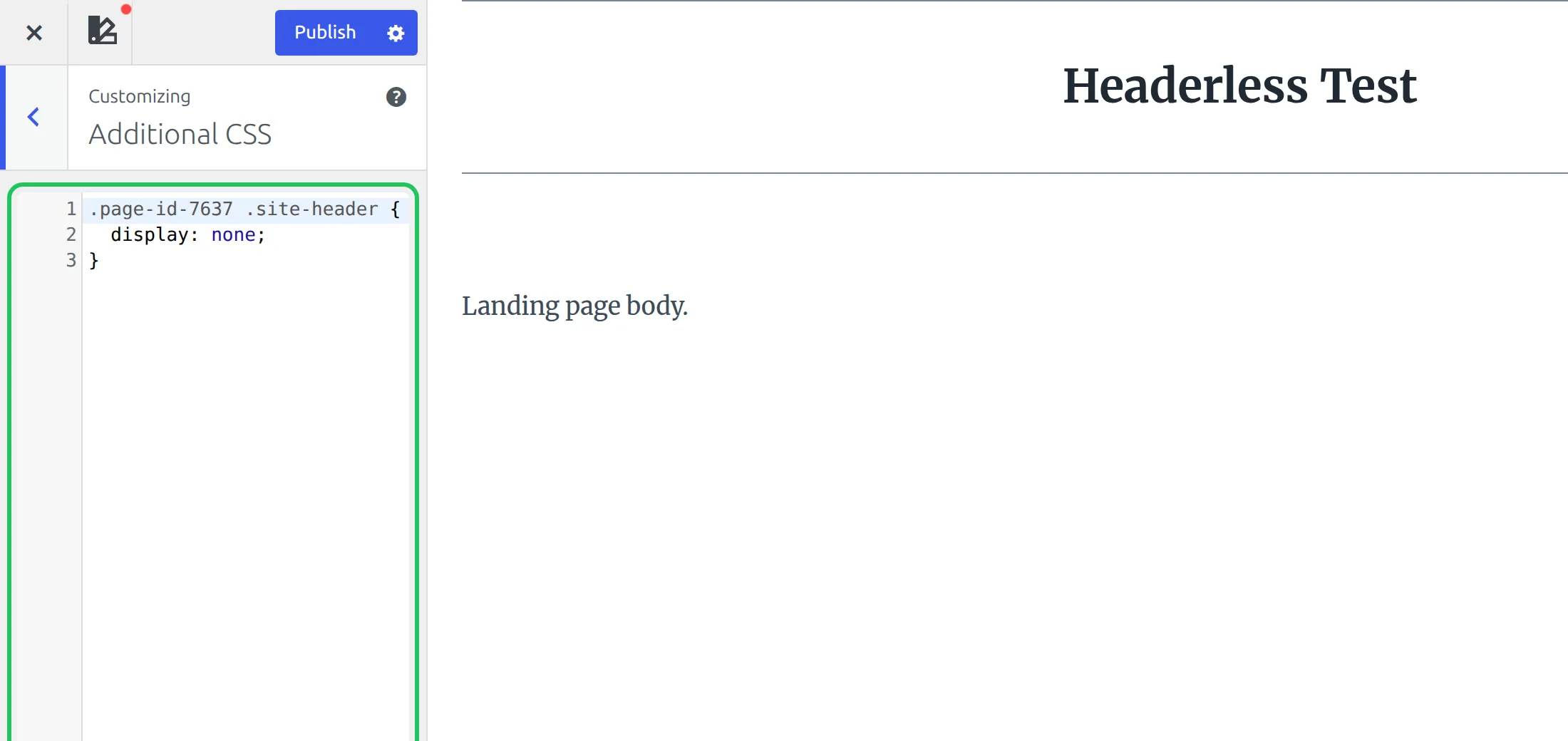 Kadence Additional CSS hiding the header on one page by its page ID, with the preview showing no header